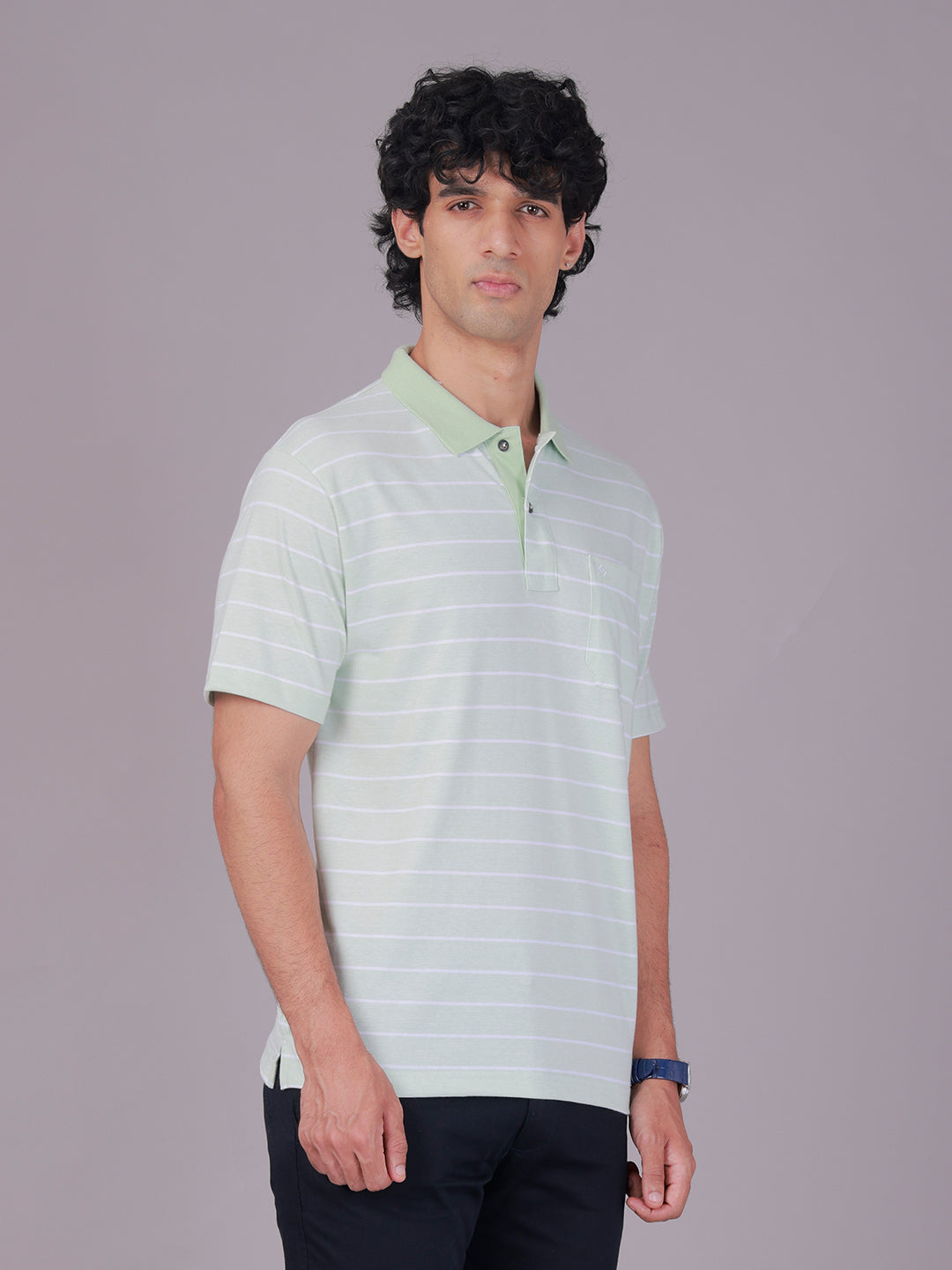 Classic Polo Men's Half Sleeve Green/White Polo Neck Authentic Fit Striped Cotton Blend T-Shirt | AVON - 662 B AF P