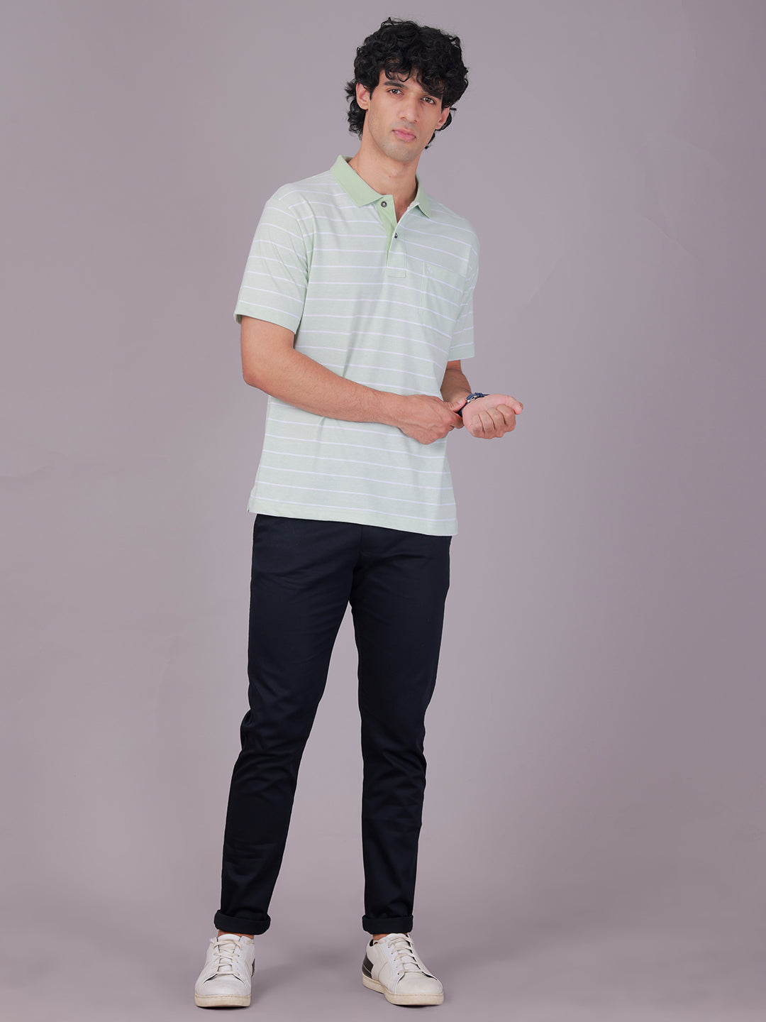 Classic Polo Men's Half Sleeve Green/White Polo Neck Authentic Fit Striped Cotton Blend T-Shirt | AVON - 662 B AF P
