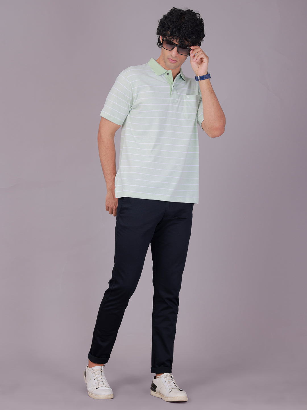 Classic Polo Men's Half Sleeve Green/White Polo Neck Authentic Fit Striped Cotton Blend T-Shirt | AVON - 662 B AF P