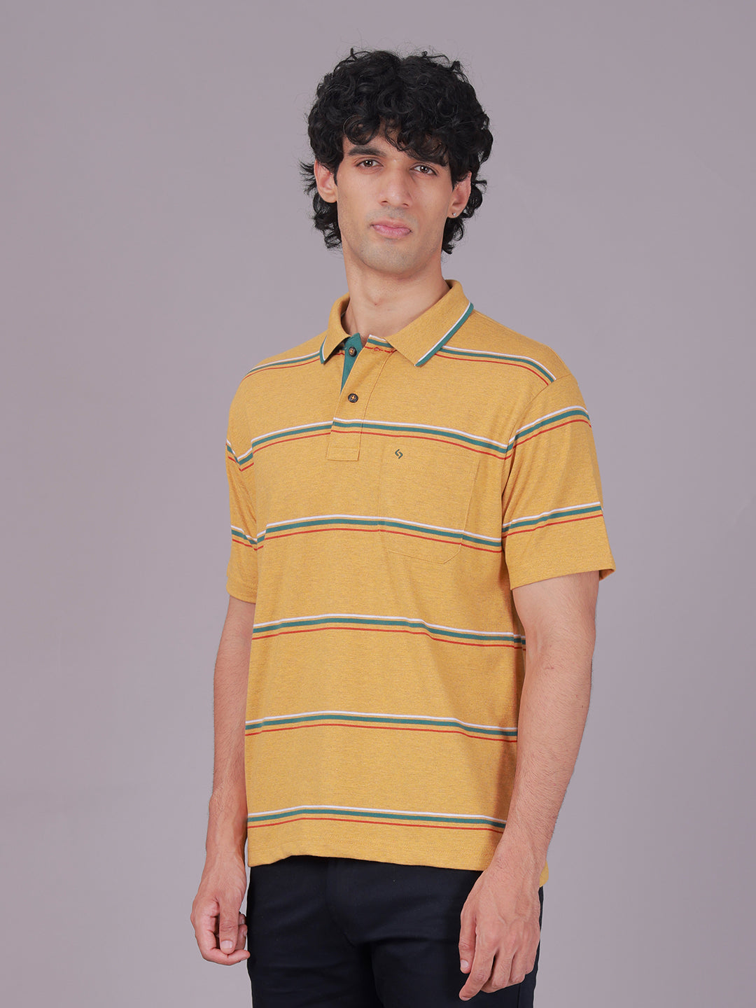 Classic Polo Men's Half Sleeve Mustard Yellow Polo Neck Authentic Fit Striped Cotton Blend T-Shirt | MEL - 283 B AF P