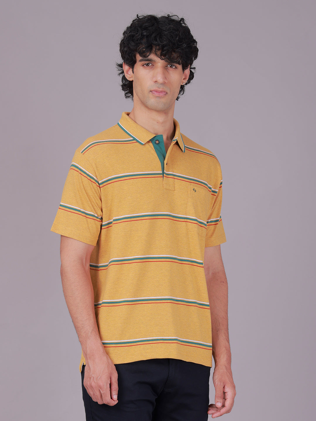 Classic Polo Men's Half Sleeve Mustard Yellow Polo Neck Authentic Fit Striped Cotton Blend T-Shirt | MEL - 283 B AF P