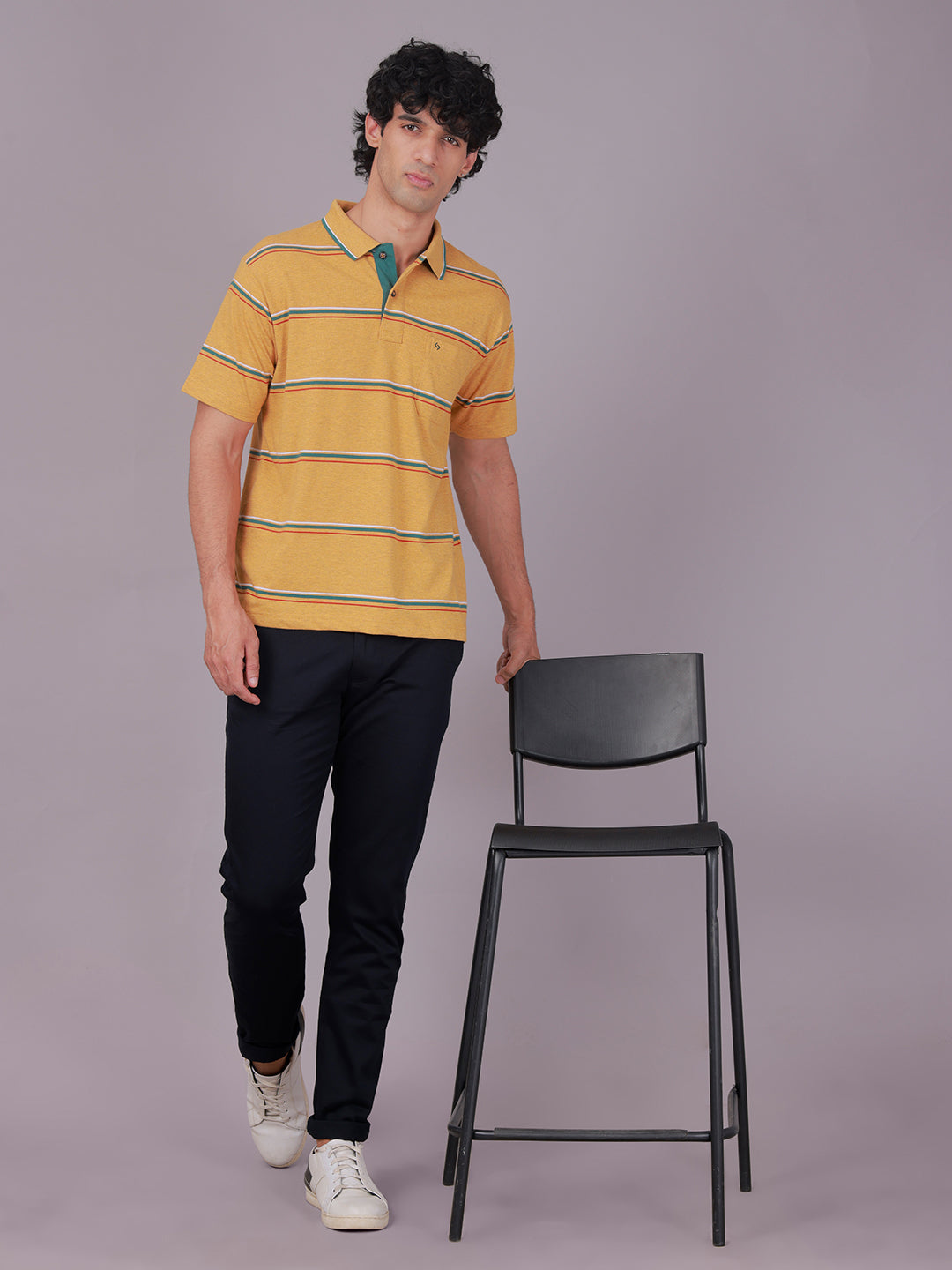Classic Polo Men's Half Sleeve Mustard Yellow Polo Neck Authentic Fit Striped Cotton Blend T-Shirt | MEL - 283 B AF P