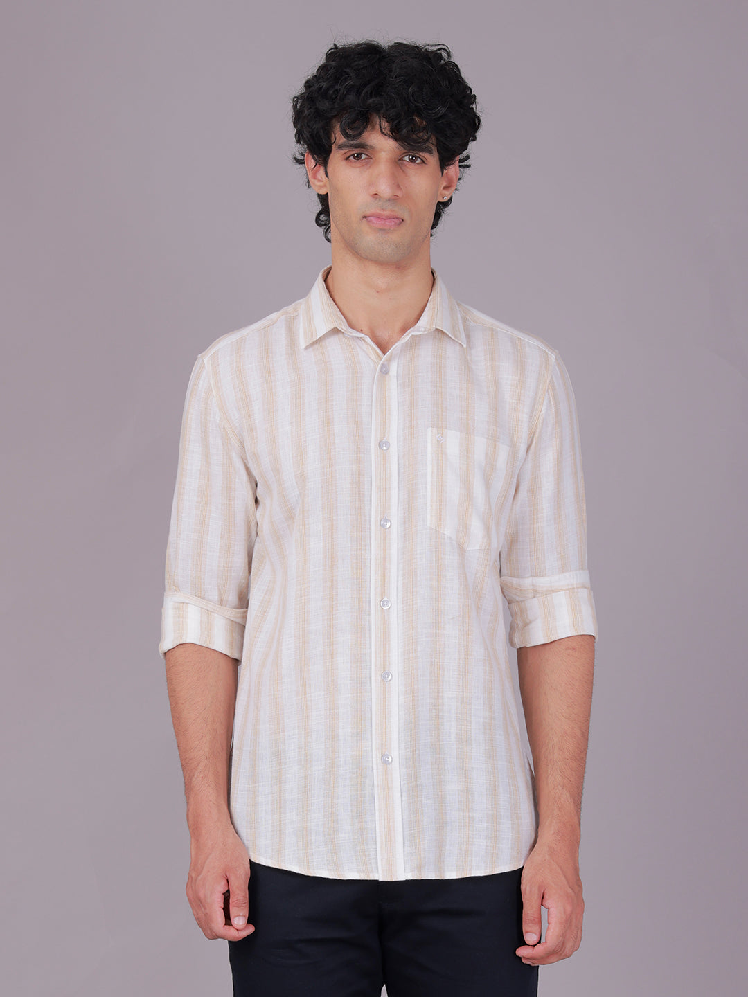 Classic Polo Men's Full Sleeve White/Light Orange Polo Neck Slim Fit Striped Cotton Casual Shirt | SR1-EL-02 B-FS-STR-SF