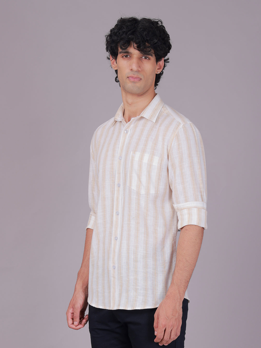 Classic Polo Men's Full Sleeve White/Light Orange Polo Neck Slim Fit Striped Cotton Casual Shirt | SR1-EL-02 B-FS-STR-SF