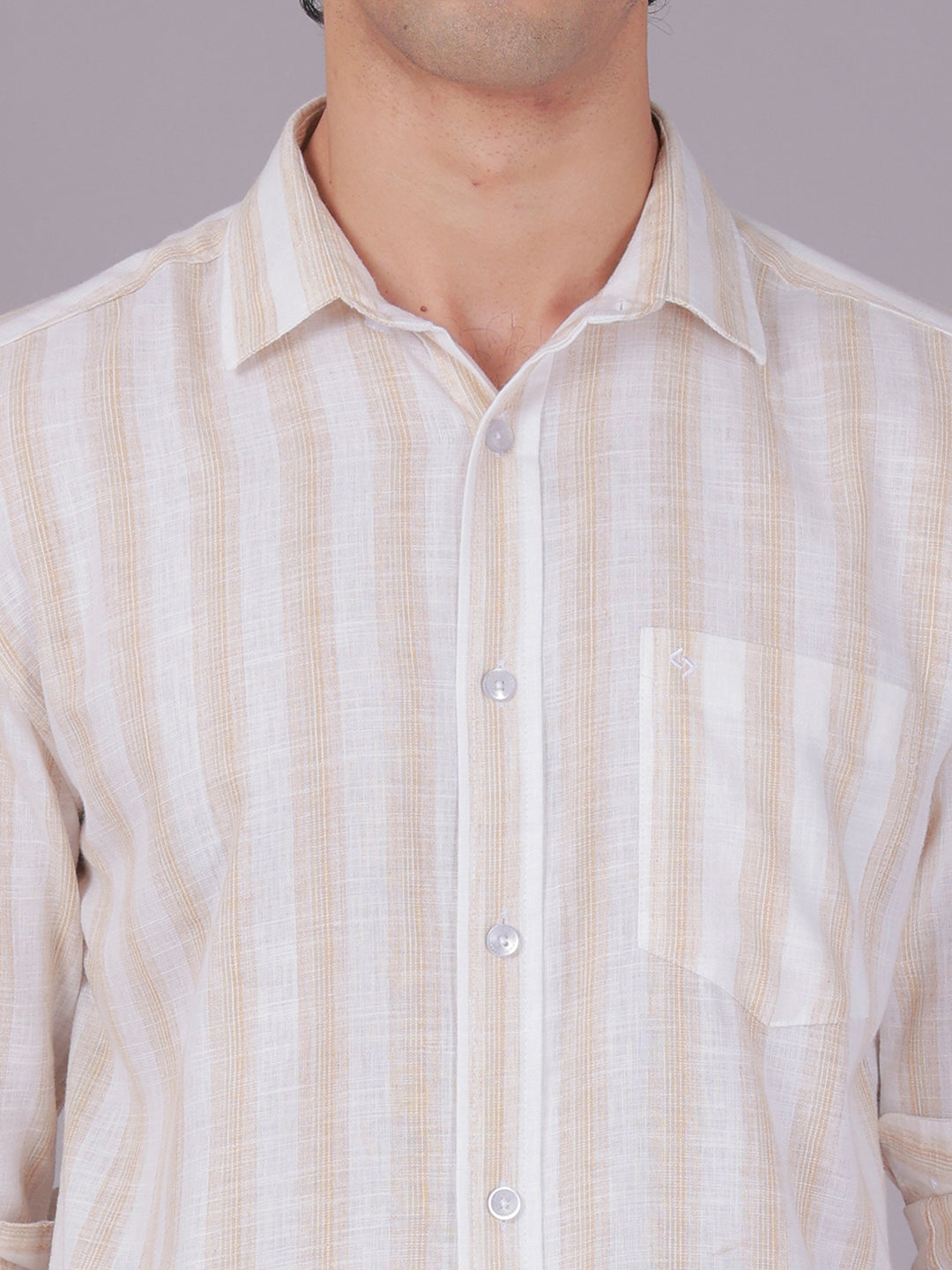 Classic Polo Men's Full Sleeve White/Light Orange Polo Neck Slim Fit Striped Cotton Casual Shirt | SR1-EL-02 B-FS-STR-SF