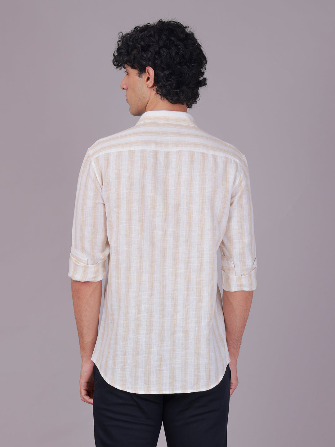 Classic Polo Men's Full Sleeve White/Light Orange Polo Neck Slim Fit Striped Cotton Casual Shirt | SR1-EL-02 B-FS-STR-SF
