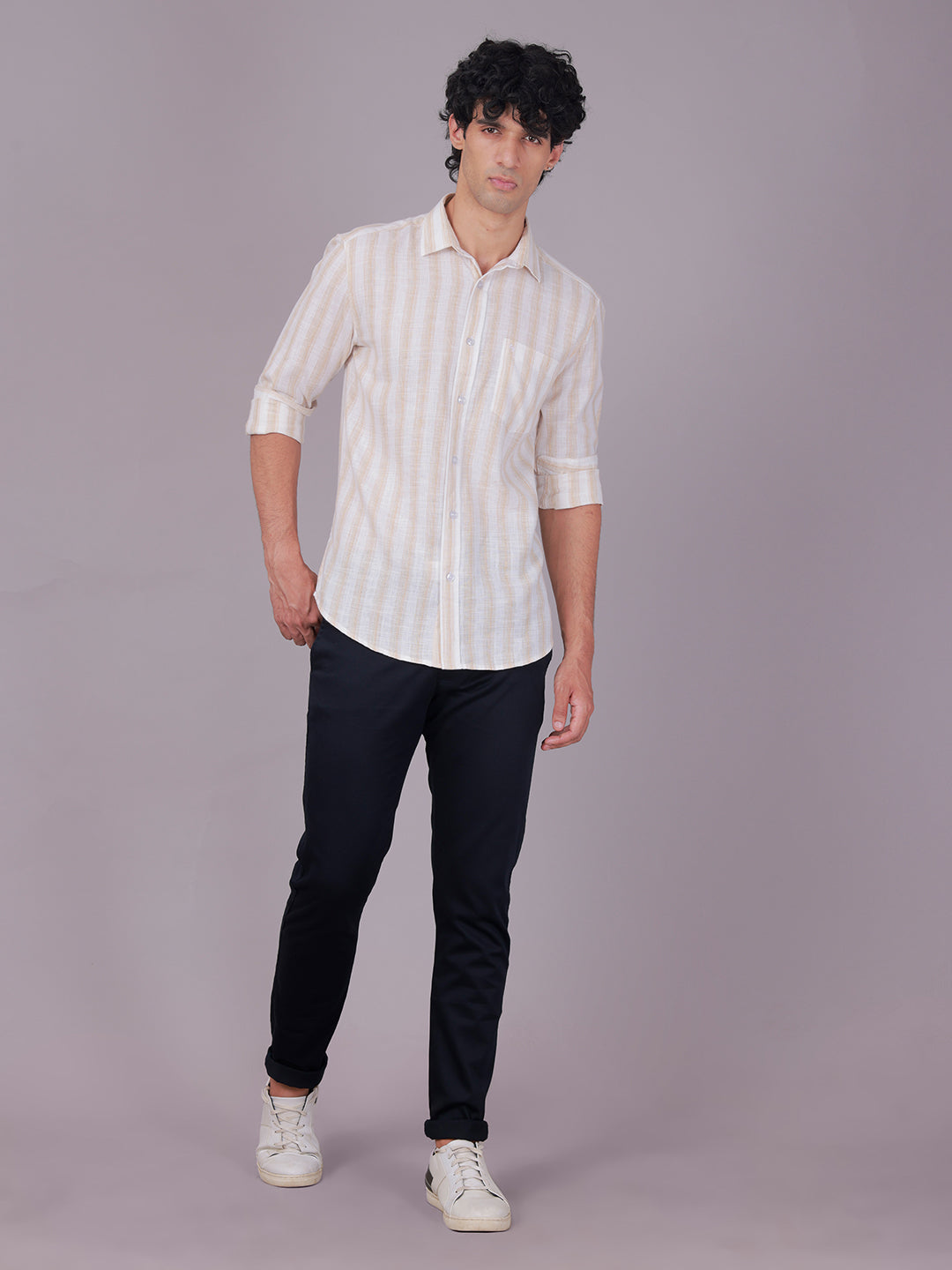 Classic Polo Men's Full Sleeve White/Light Orange Polo Neck Slim Fit Striped Cotton Casual Shirt | SR1-EL-02 B-FS-STR-SF