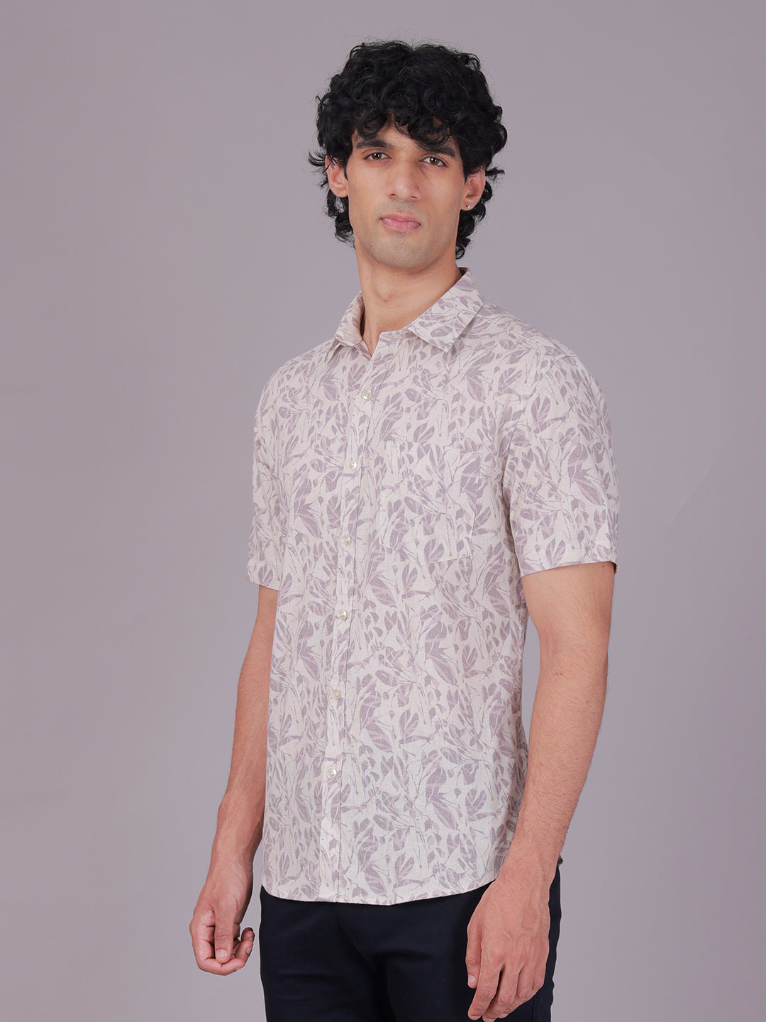 Classic Polo Men's Half Sleeve Cream/Purple Polo Neck Slim Fit All-Over Print Cotton Casual Shirt | SR1-EL-08 B-HS-PRT-SF