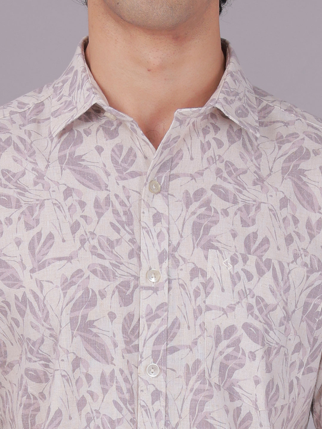 Classic Polo Men's Half Sleeve Cream/Purple Polo Neck Slim Fit All-Over Print Cotton Casual Shirt | SR1-EL-08 B-HS-PRT-SF