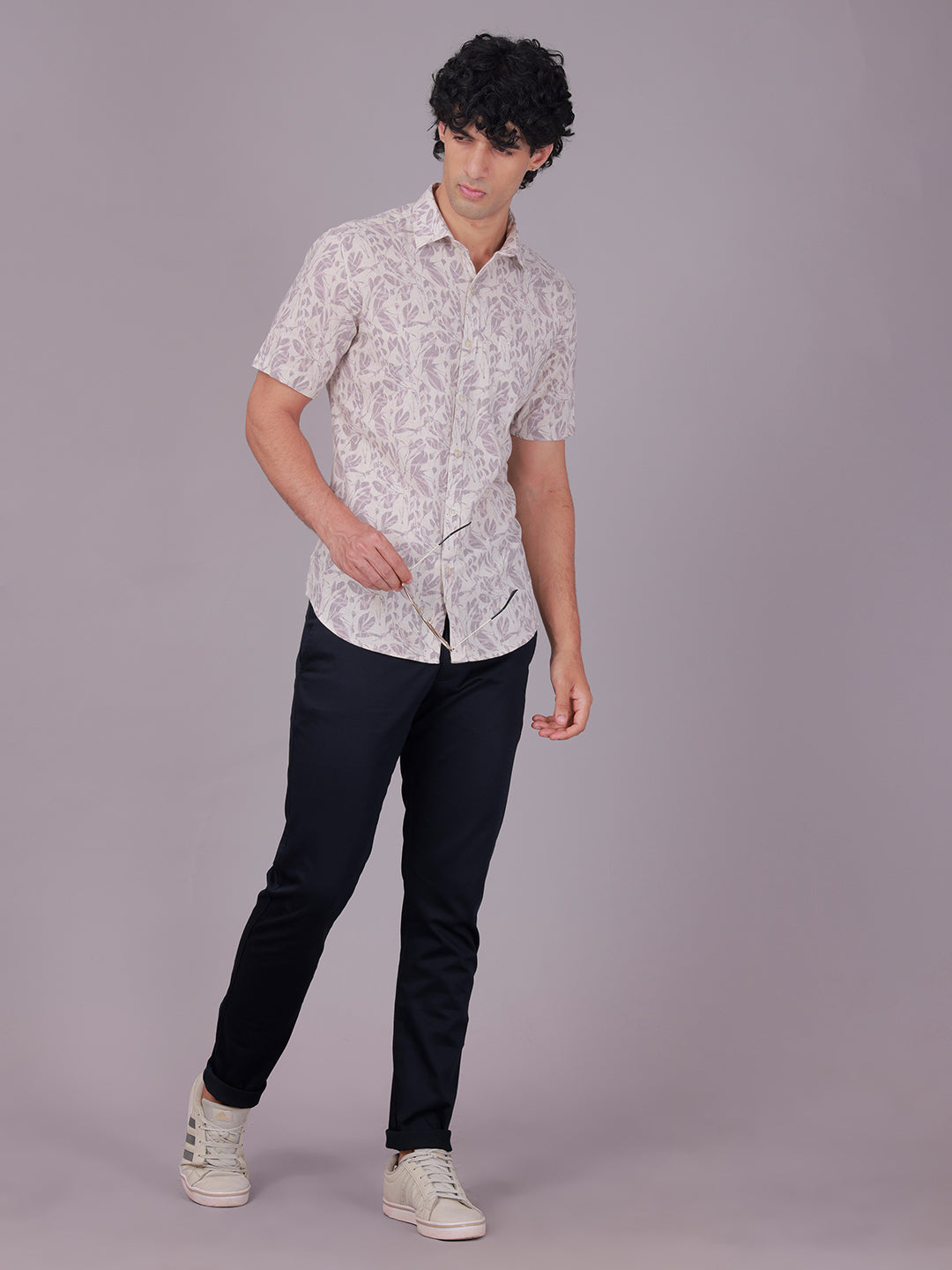 Classic Polo Men's Half Sleeve Cream/Purple Polo Neck Slim Fit All-Over Print Cotton Casual Shirt | SR1-EL-08 B-HS-PRT-SF