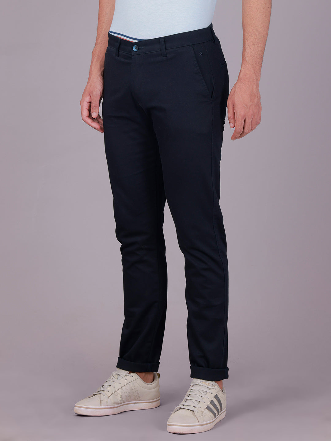 Classic Polo Men's Navy Blue Moderate Fit Solid Cotton Blend Casual Trouser | TR1-CL-07 D-NVY-MF-LY