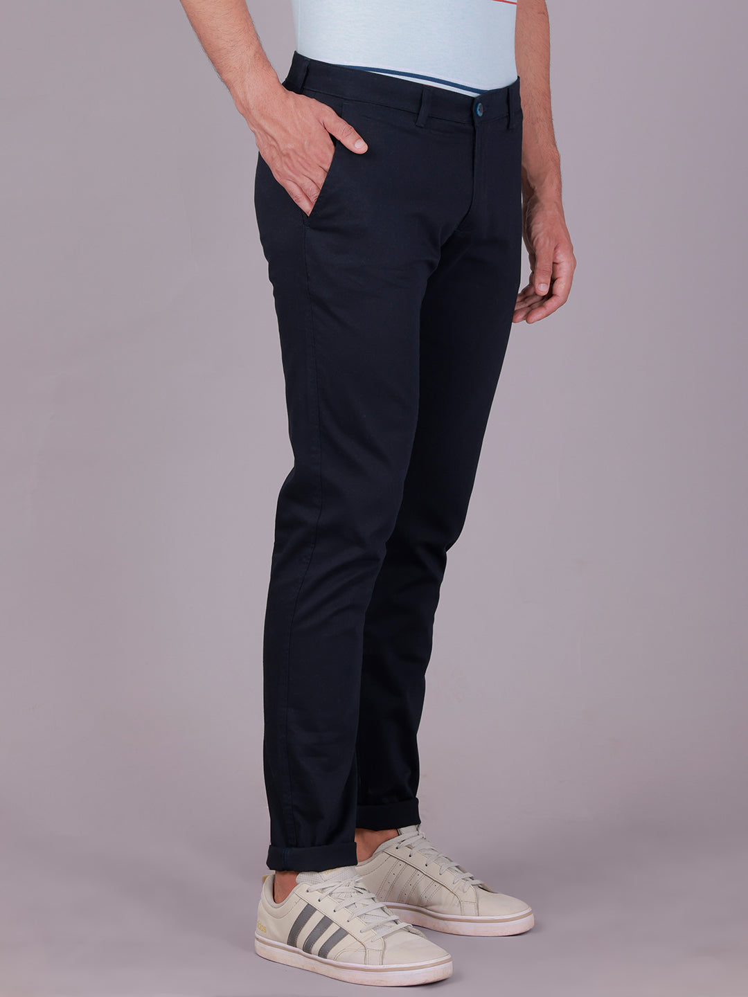 Classic Polo Men's Navy Blue Moderate Fit Solid Cotton Blend Casual Trouser | TR1-CL-07 D-NVY-MF-LY