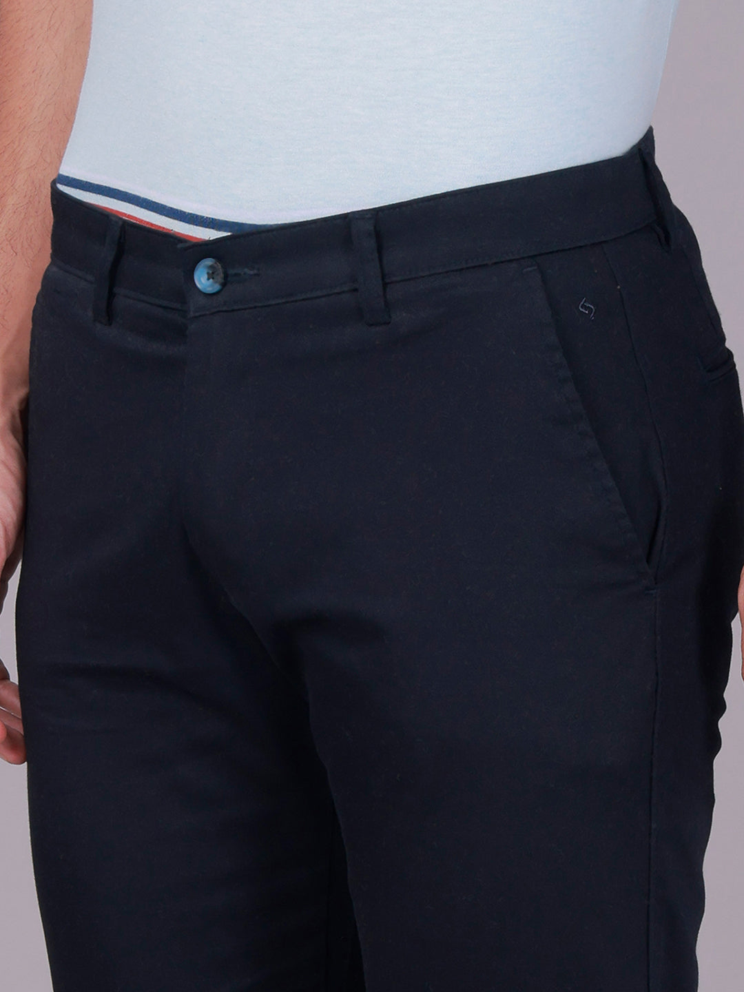 Classic Polo Men's Navy Blue Moderate Fit Solid Cotton Blend Casual Trouser | TR1-CL-07 D-NVY-MF-LY