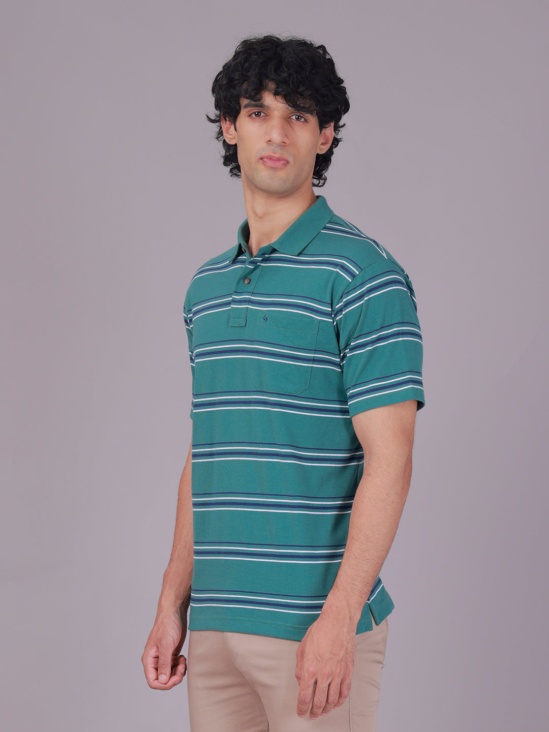 Classic Polo Men's Half Sleeve Green Polo Neck Authentic Fit Striped Cotton Blend T-Shirt | AVON - 644 B AF P