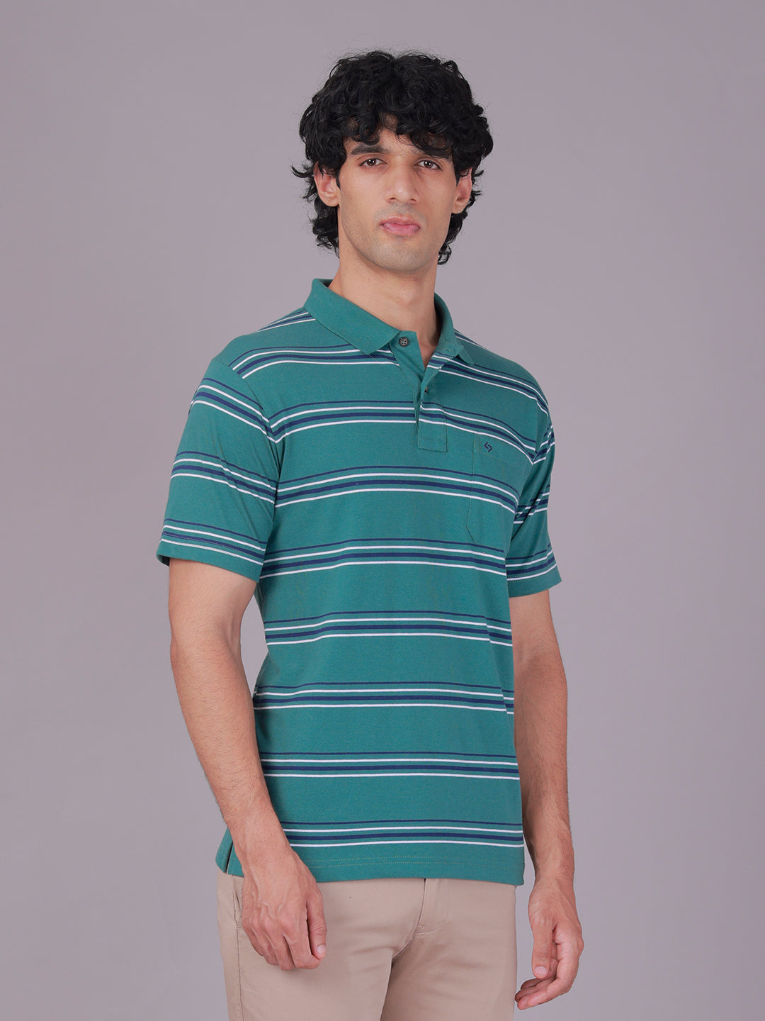 Classic Polo Men's Half Sleeve Green Polo Neck Authentic Fit Striped Cotton Blend T-Shirt | AVON - 644 B AF P