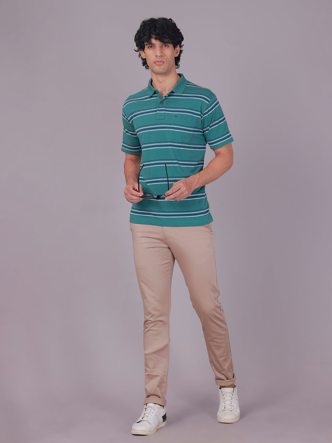 Classic Polo Men's Half Sleeve Green Polo Neck Authentic Fit Striped Cotton Blend T-Shirt | AVON - 644 B AF P