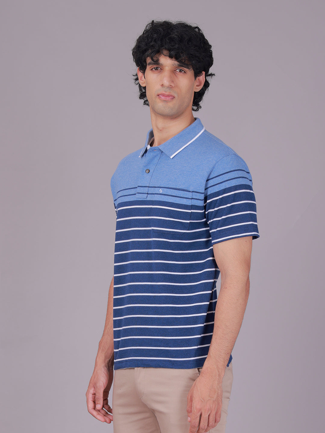 Classic Polo Men's Half Sleeve Navy Blue Polo Neck Authentic Fit Striped Cotton Blend T-Shirt | MEL - 287 B AF P