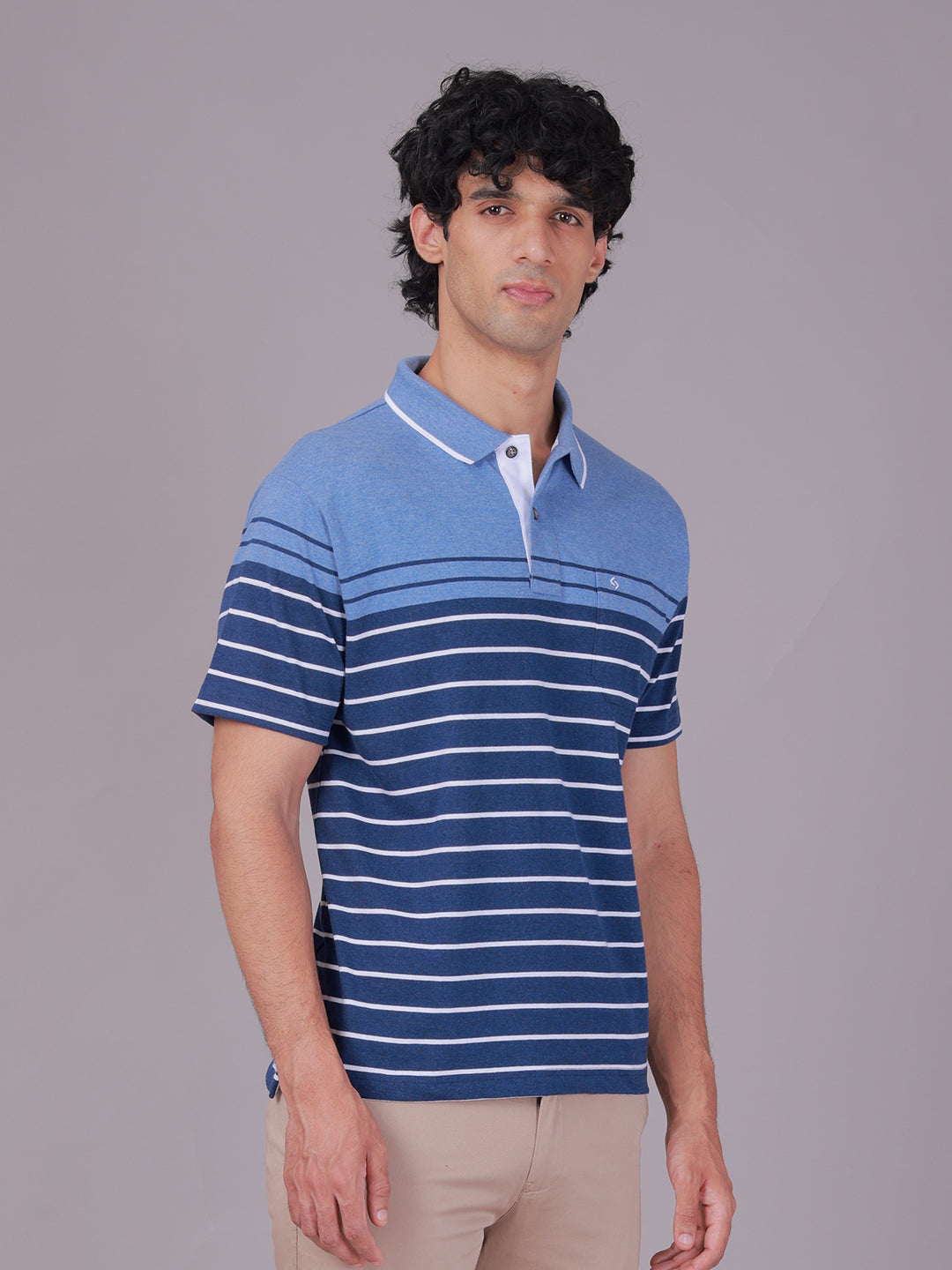 Classic Polo Men's Half Sleeve Navy Blue Polo Neck Authentic Fit Striped Cotton Blend T-Shirt | MEL - 287 B AF P