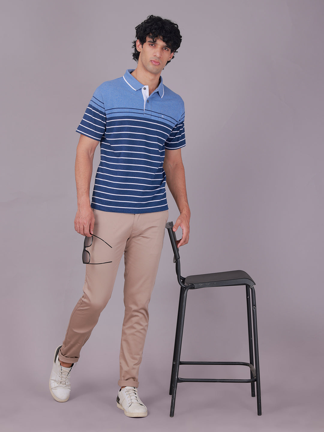 Classic Polo Men's Half Sleeve Navy Blue Polo Neck Authentic Fit Striped Cotton Blend T-Shirt | MEL - 287 B AF P