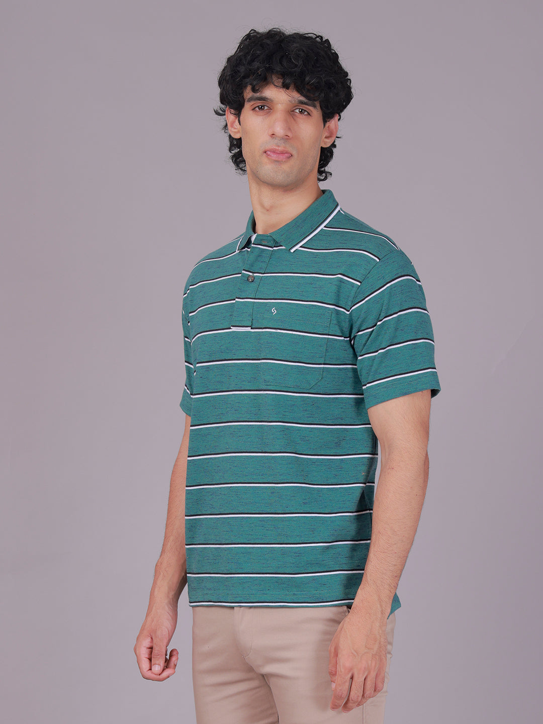Classic Polo Men's Half Sleeve Teal Green Polo Neck Authentic Fit Striped Cotton Blend T-Shirt | MEL - 286 A AF P