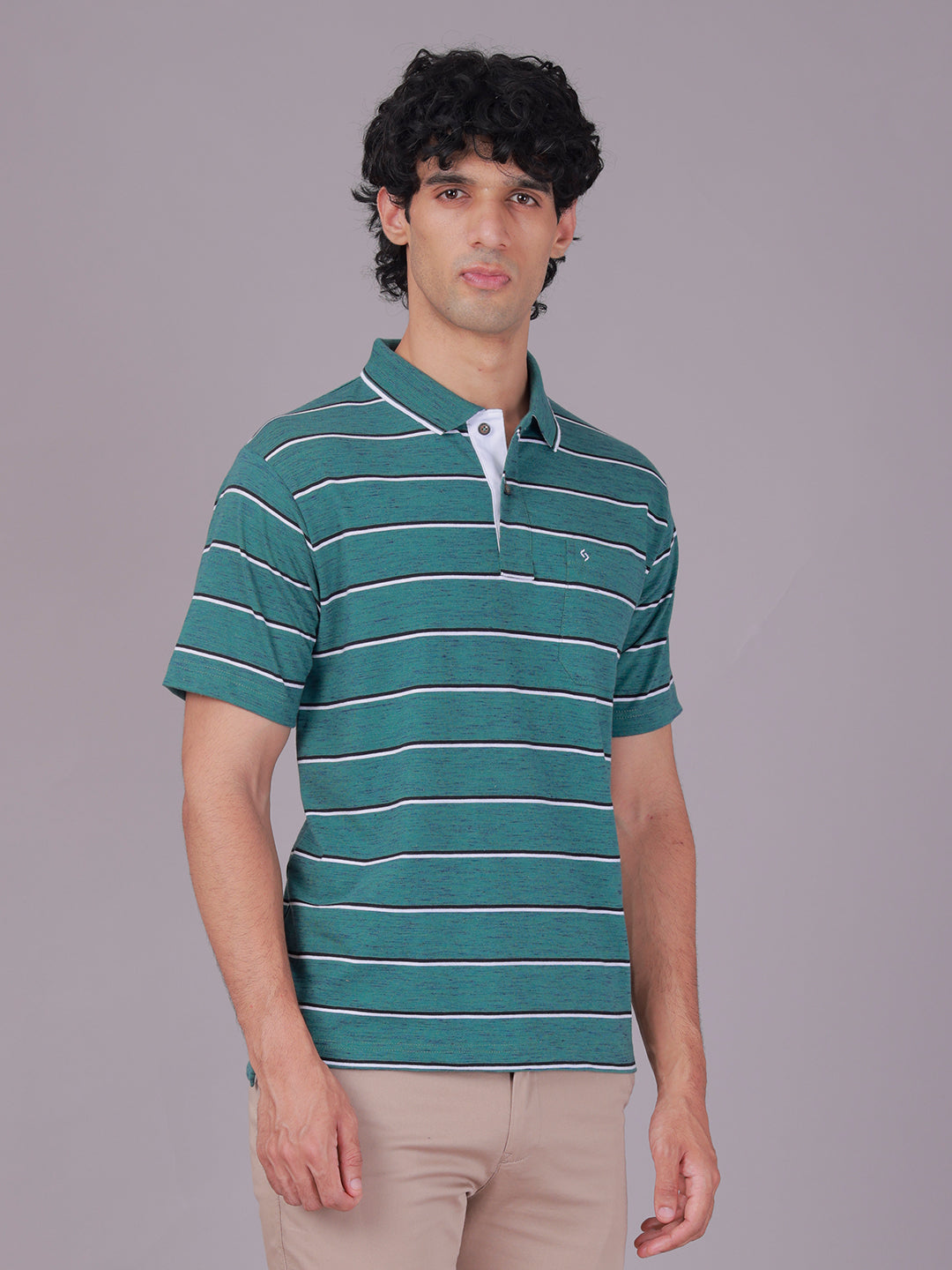 Classic Polo Men's Half Sleeve Teal Green Polo Neck Authentic Fit Striped Cotton Blend T-Shirt | MEL - 286 A AF P