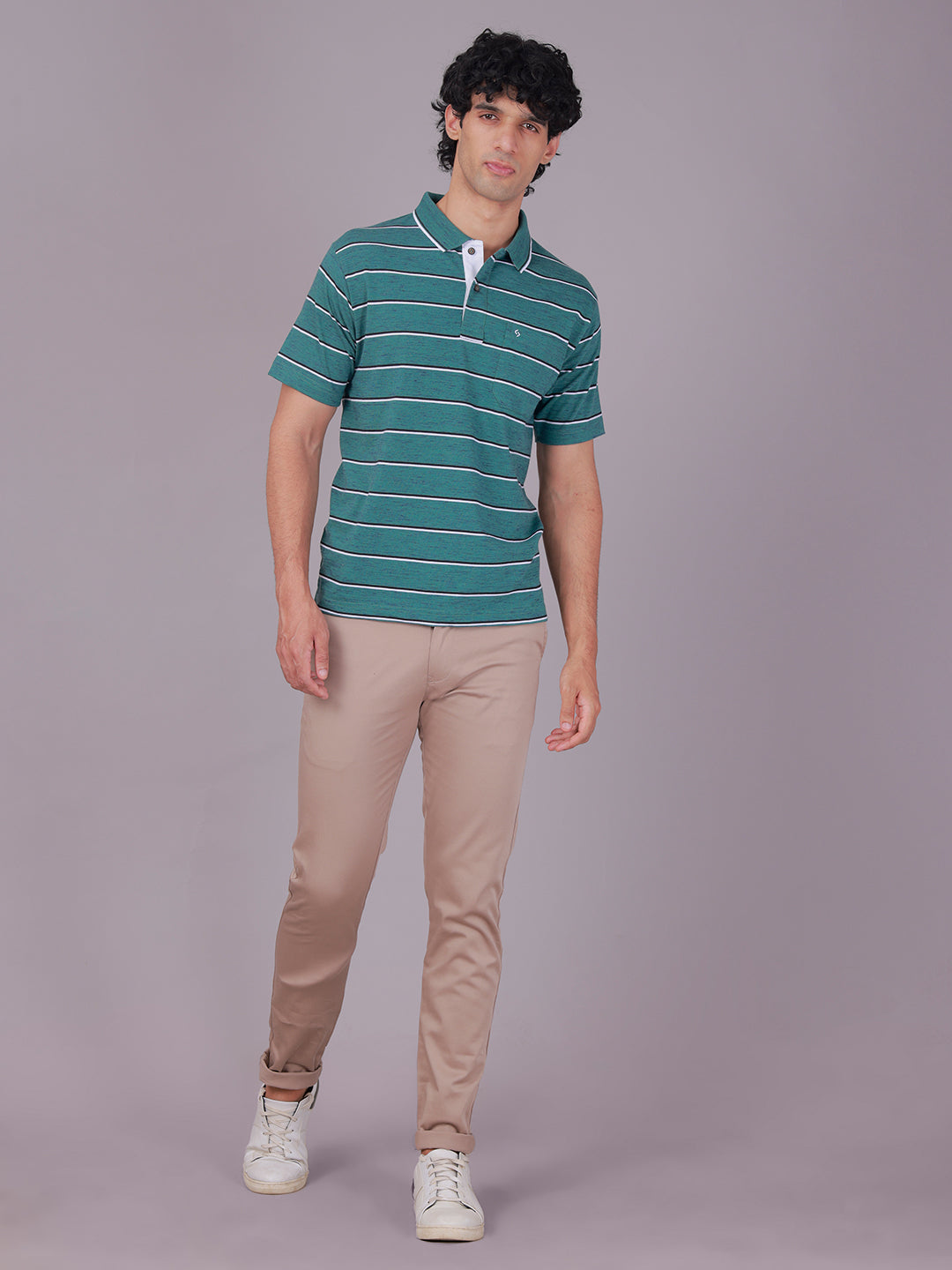 Classic Polo Men's Half Sleeve Teal Green Polo Neck Authentic Fit Striped Cotton Blend T-Shirt | MEL - 286 A AF P