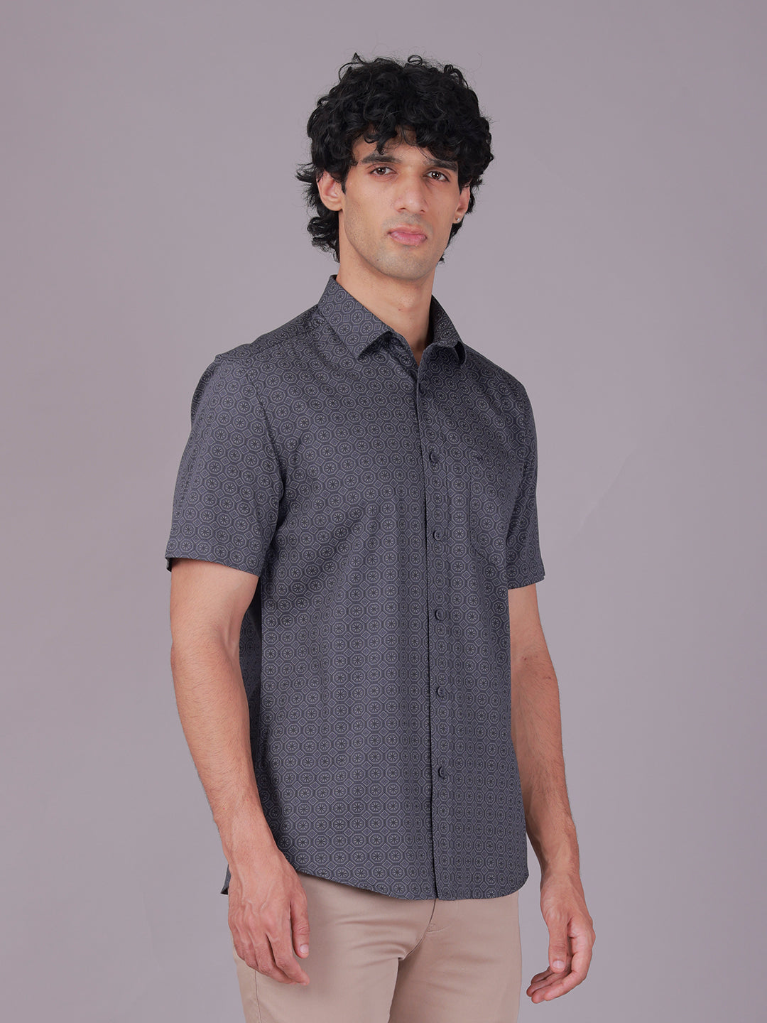 Classic Polo Men's Half Sleeve Dark Grey Polo Neck Slim Fit All-Over Print Cotton Casual Shirt | LSHR1-EL-11 A-HS-PRT-SF