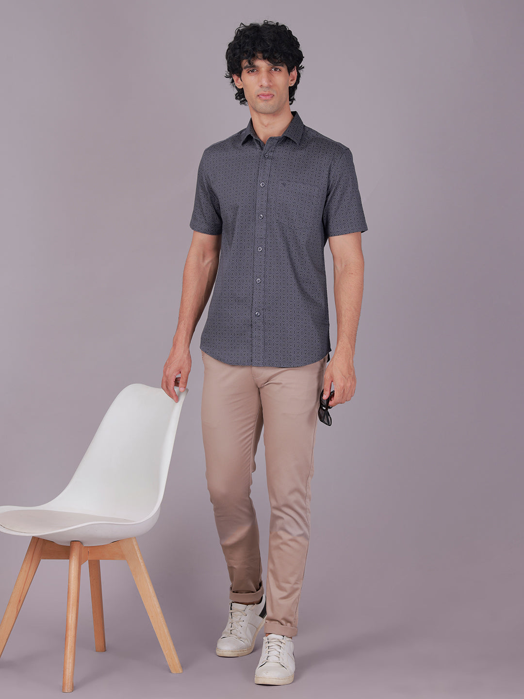 Classic Polo Men's Half Sleeve Dark Grey Polo Neck Slim Fit All-Over Print Cotton Casual Shirt | LSHR1-EL-11 A-HS-PRT-SF