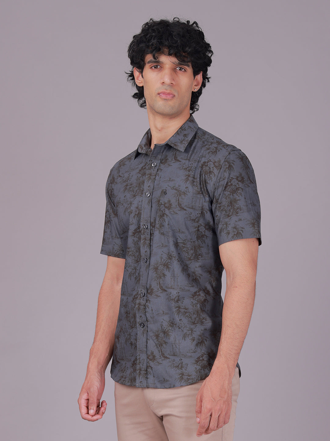 Classic Polo Men's Half Sleeve Charcoal Grey Polo Neck Slim Fit All-Over Print Cotton Casual Shirt | SR1-EL-09 B-HS-PRT-SF