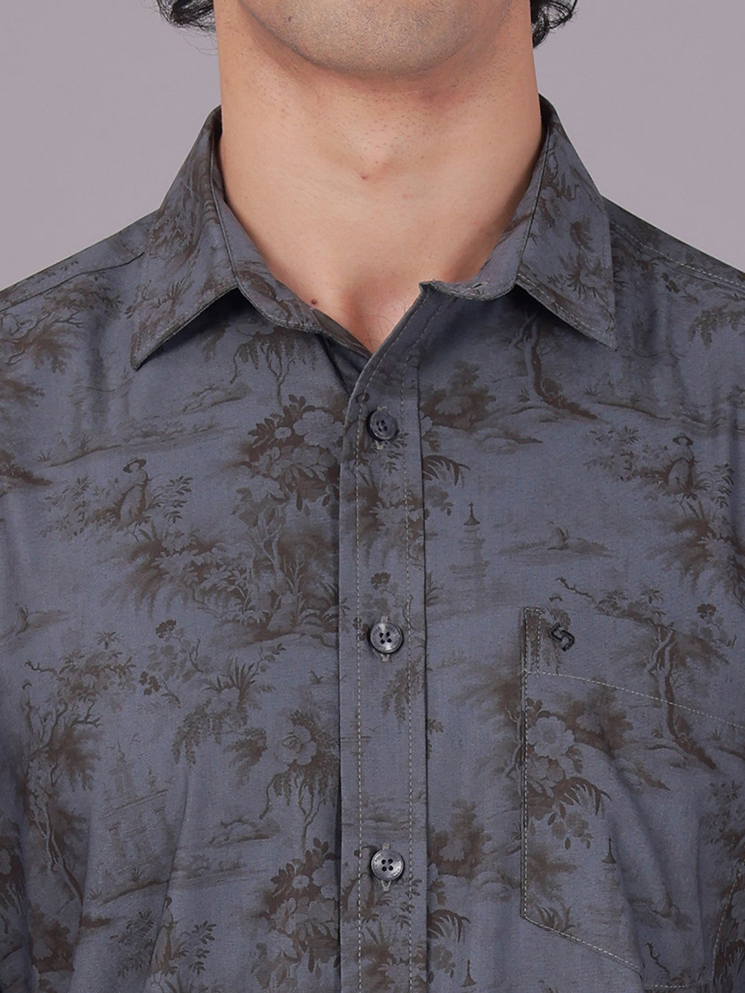 Classic Polo Men's Half Sleeve Charcoal Grey Polo Neck Slim Fit All-Over Print Cotton Casual Shirt | SR1-EL-09 B-HS-PRT-SF