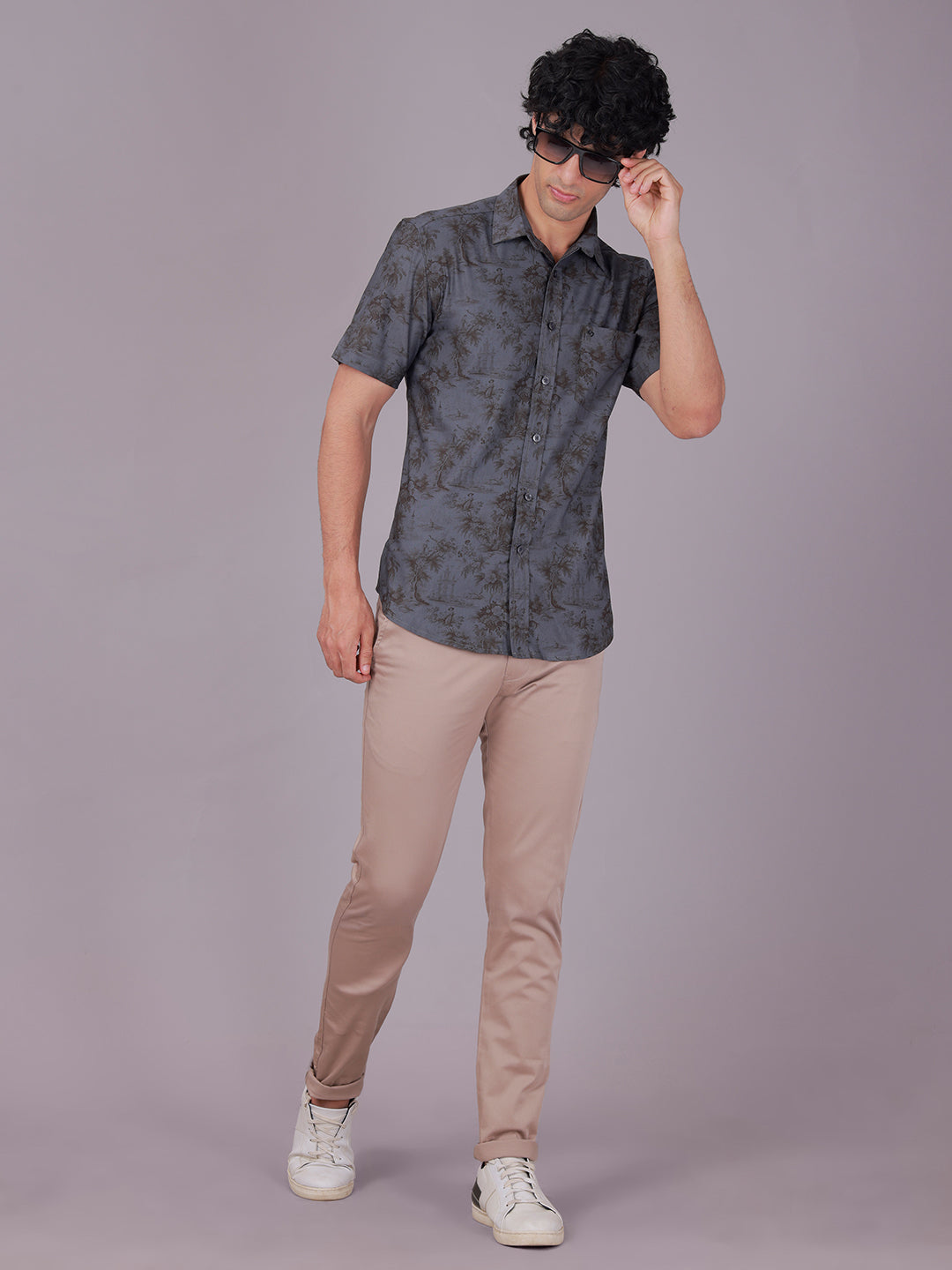 Classic Polo Men's Half Sleeve Charcoal Grey Polo Neck Slim Fit All-Over Print Cotton Casual Shirt | SR1-EL-09 B-HS-PRT-SF
