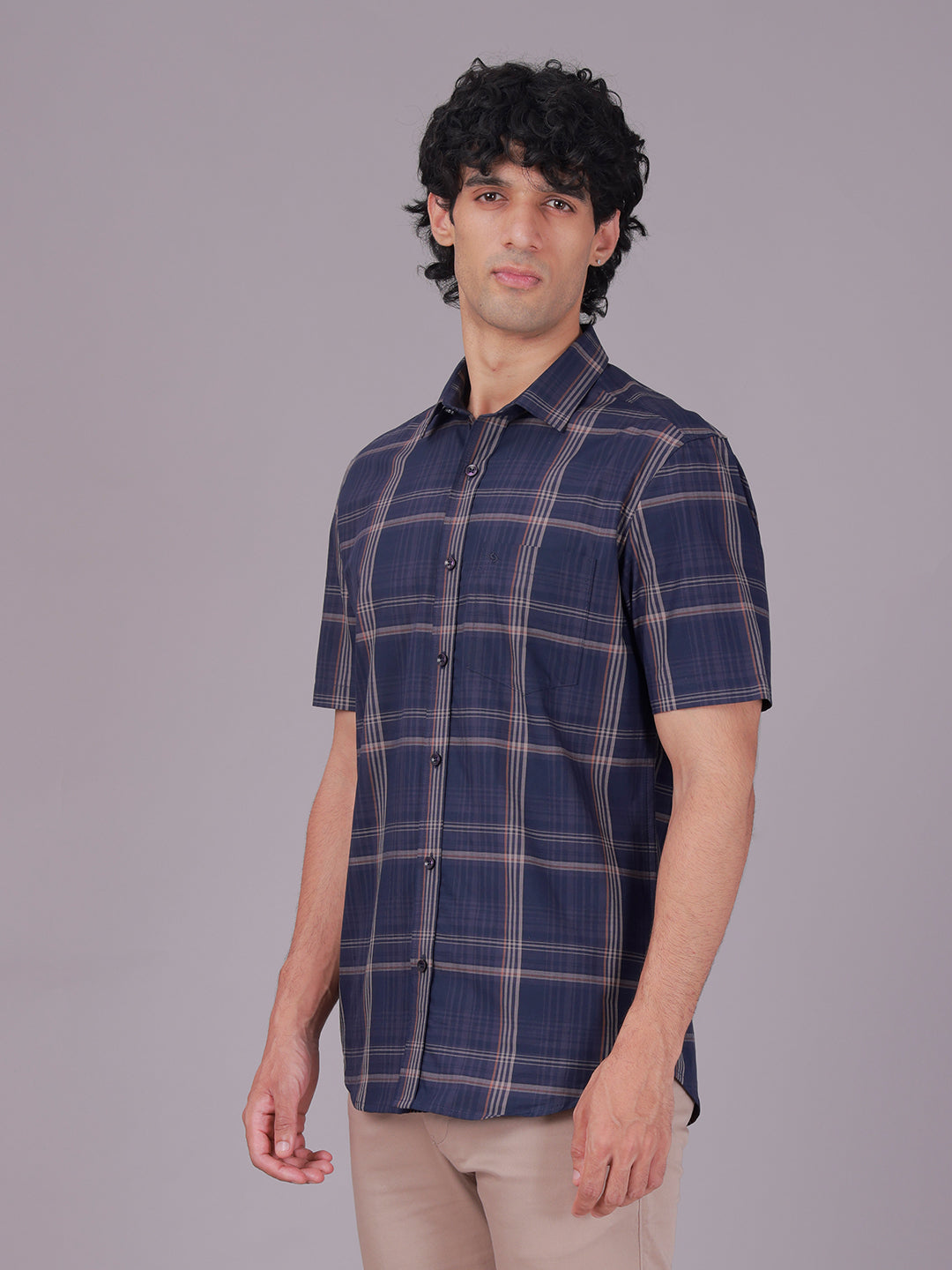 Classic Polo Men's Half Sleeve Navy Blue Polo Neck Slim Fit Checked Cotton Casual Shirt | SR1-CL-02 B-HS-CHK-SF