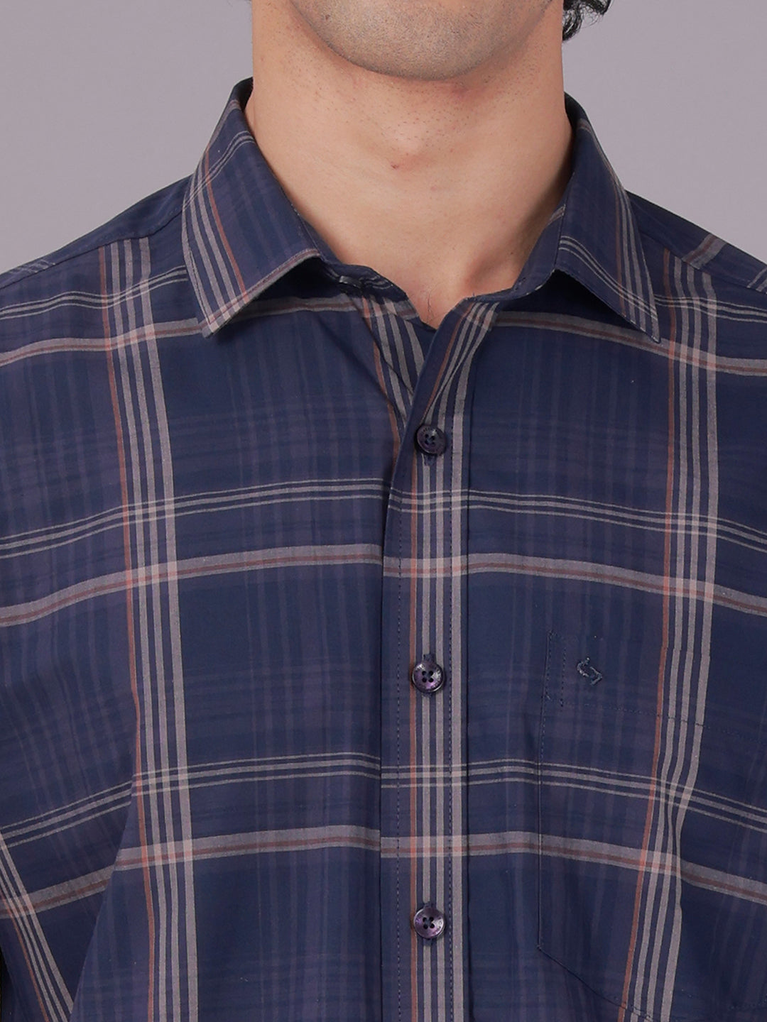 Classic Polo Men's Half Sleeve Navy Blue Polo Neck Slim Fit Checked Cotton Casual Shirt | SR1-CL-02 B-HS-CHK-SF
