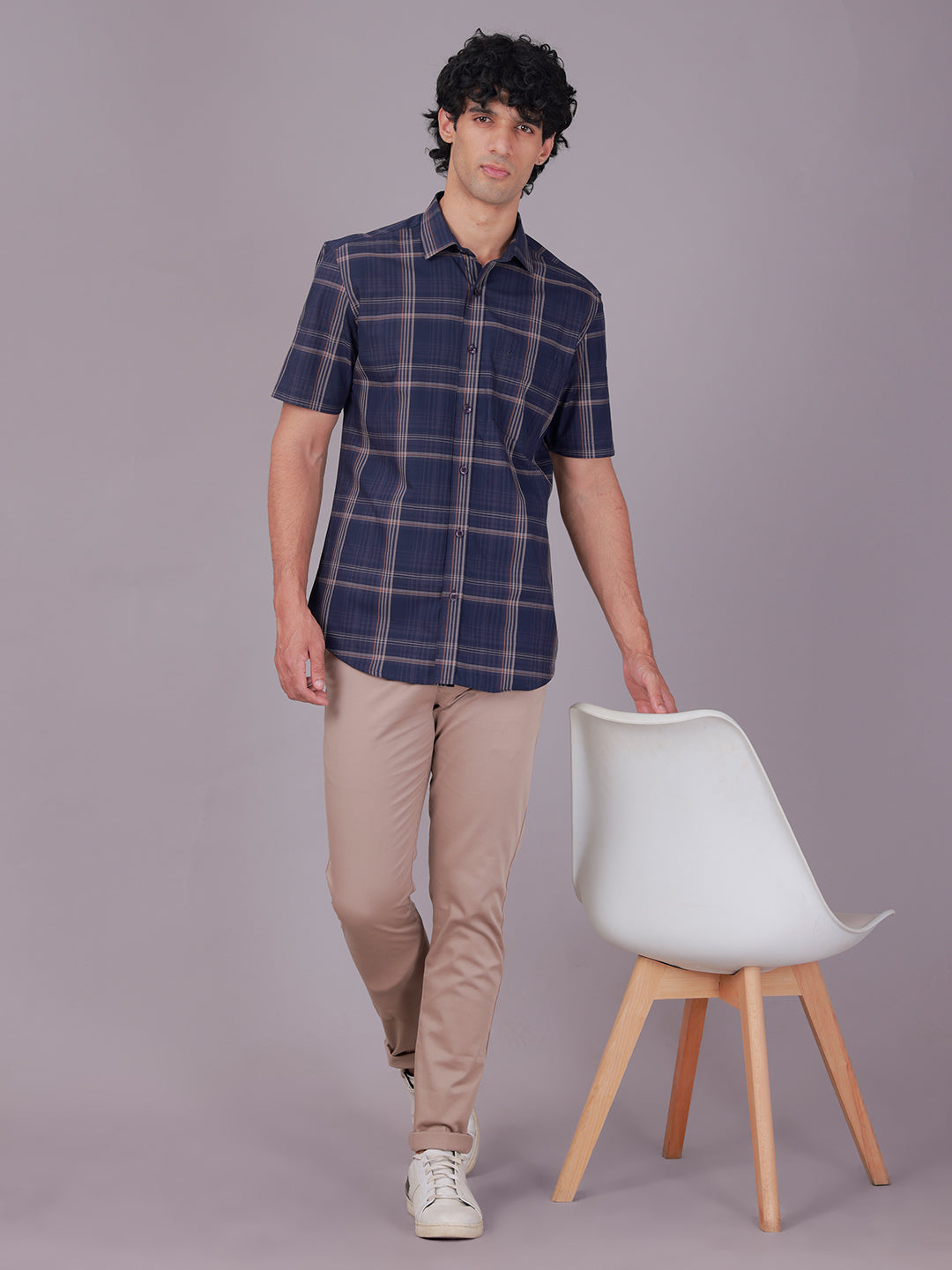 Classic Polo Men's Half Sleeve Navy Blue Polo Neck Slim Fit Checked Cotton Casual Shirt | SR1-CL-02 B-HS-CHK-SF
