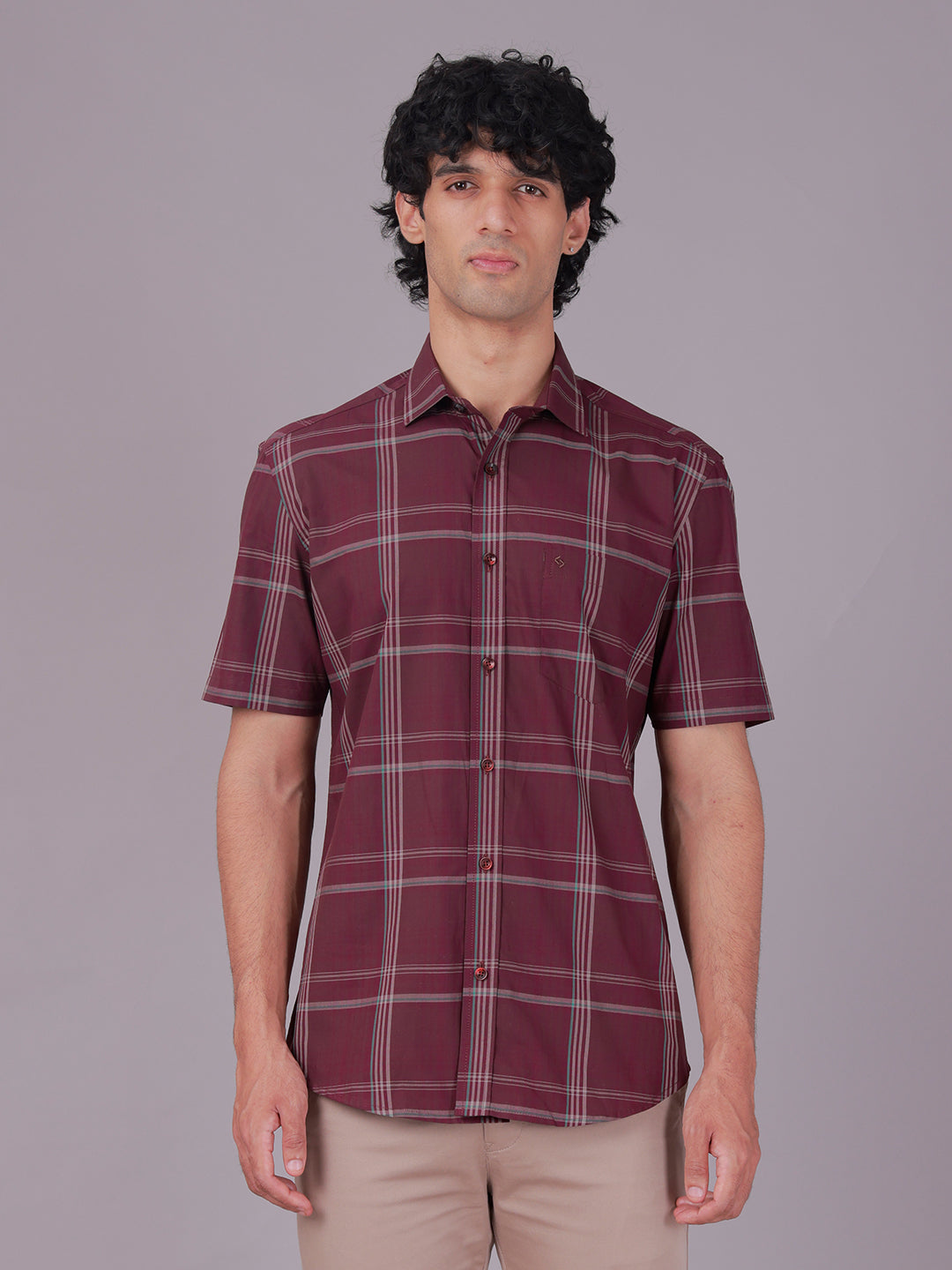 Classic Polo Men's Half Sleeve Maroon Polo Neck Slim Fit Checked Cotton Casual Shirt | SR1-CL-02 A-HS-CHK-SF