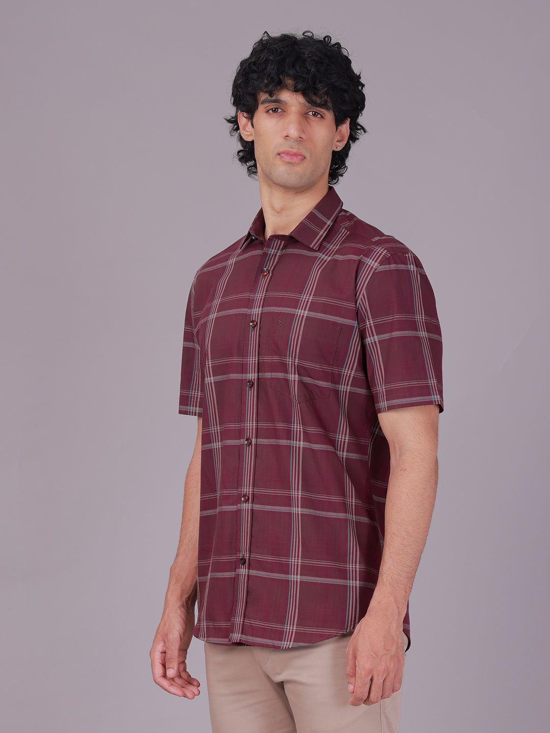 Classic Polo Men's Half Sleeve Maroon Polo Neck Slim Fit Checked Cotton Casual Shirt | SR1-CL-02 A-HS-CHK-SF