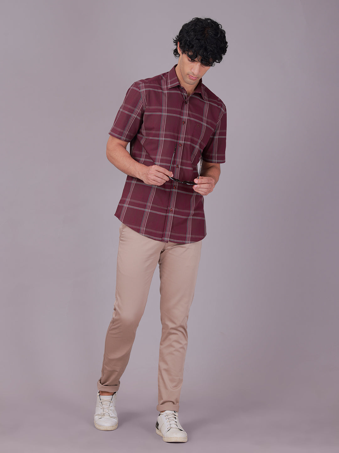 Classic Polo Men's Half Sleeve Maroon Polo Neck Slim Fit Checked Cotton Casual Shirt | SR1-CL-02 A-HS-CHK-SF