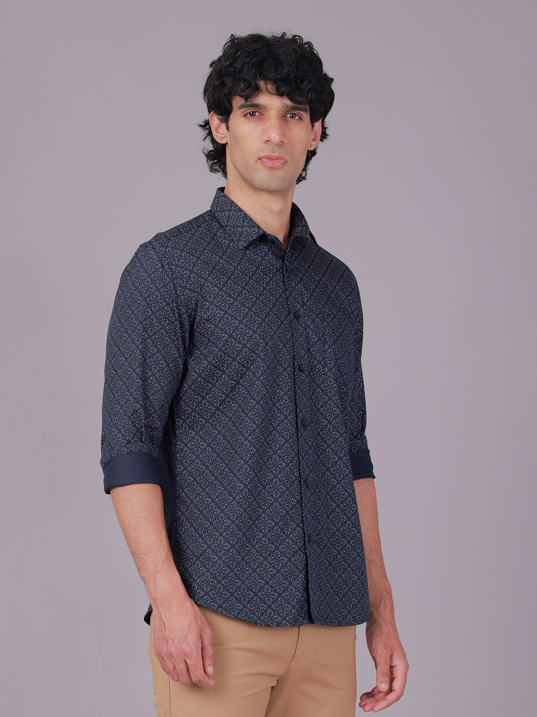 Classic Polo Men's Full Sleeve Navy Blue Polo Neck Slim Fit All-Over Print Cotton Casual Shirt | SR1-EL-10 A-FS-PRT-SF
