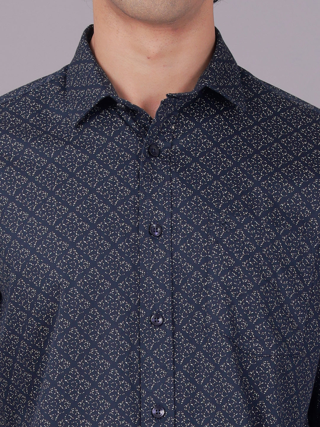 Classic Polo Men's Full Sleeve Navy Blue Polo Neck Slim Fit All-Over Print Cotton Casual Shirt | SR1-EL-10 A-FS-PRT-SF