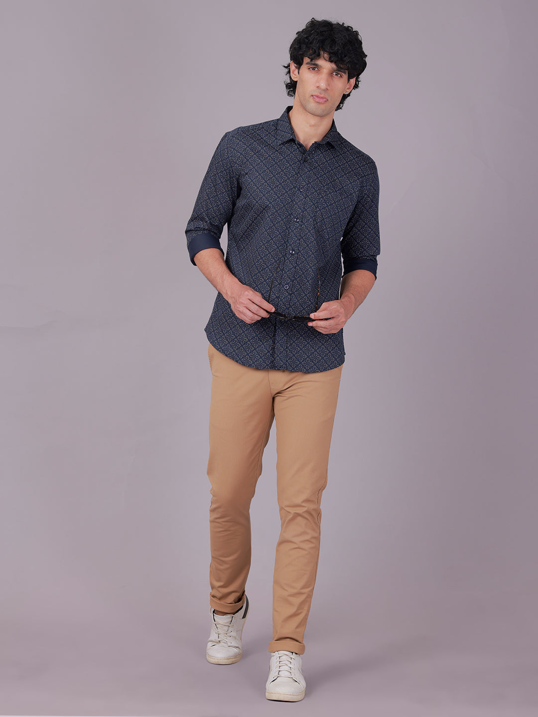 Classic Polo Men's Full Sleeve Navy Blue Polo Neck Slim Fit All-Over Print Cotton Casual Shirt | SR1-EL-10 A-FS-PRT-SF