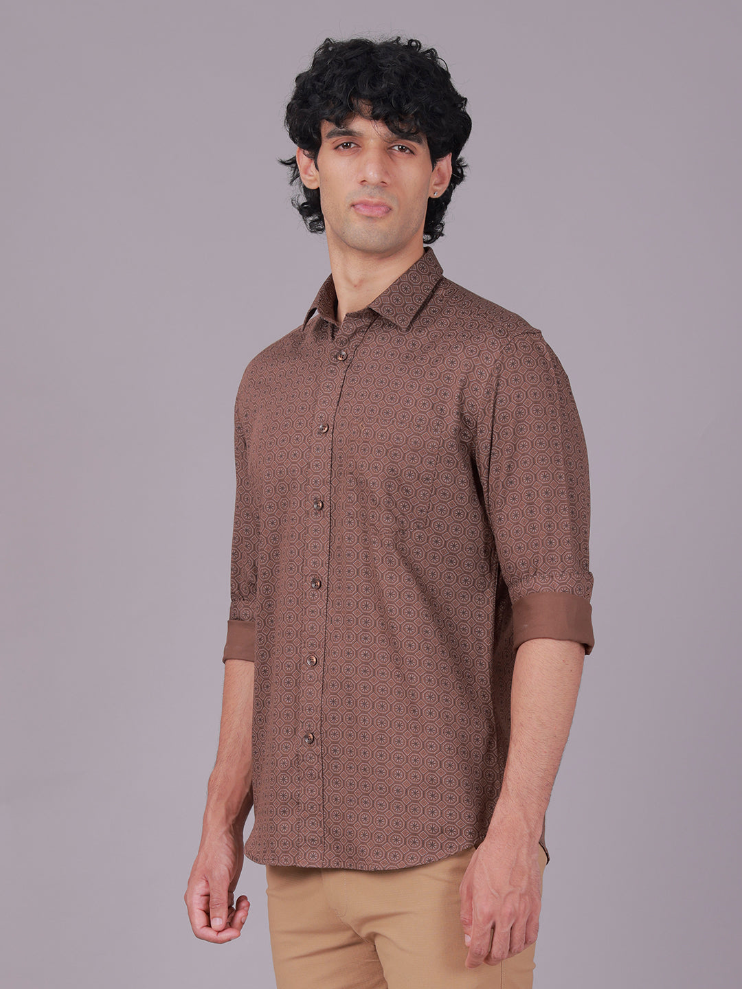Classic Polo Men's Full Sleeve Brown Polo Neck Slim Fit All-Over Print Cotton Casual Shirt | LSHR1-EL-11 B-FS-PRT-SF
