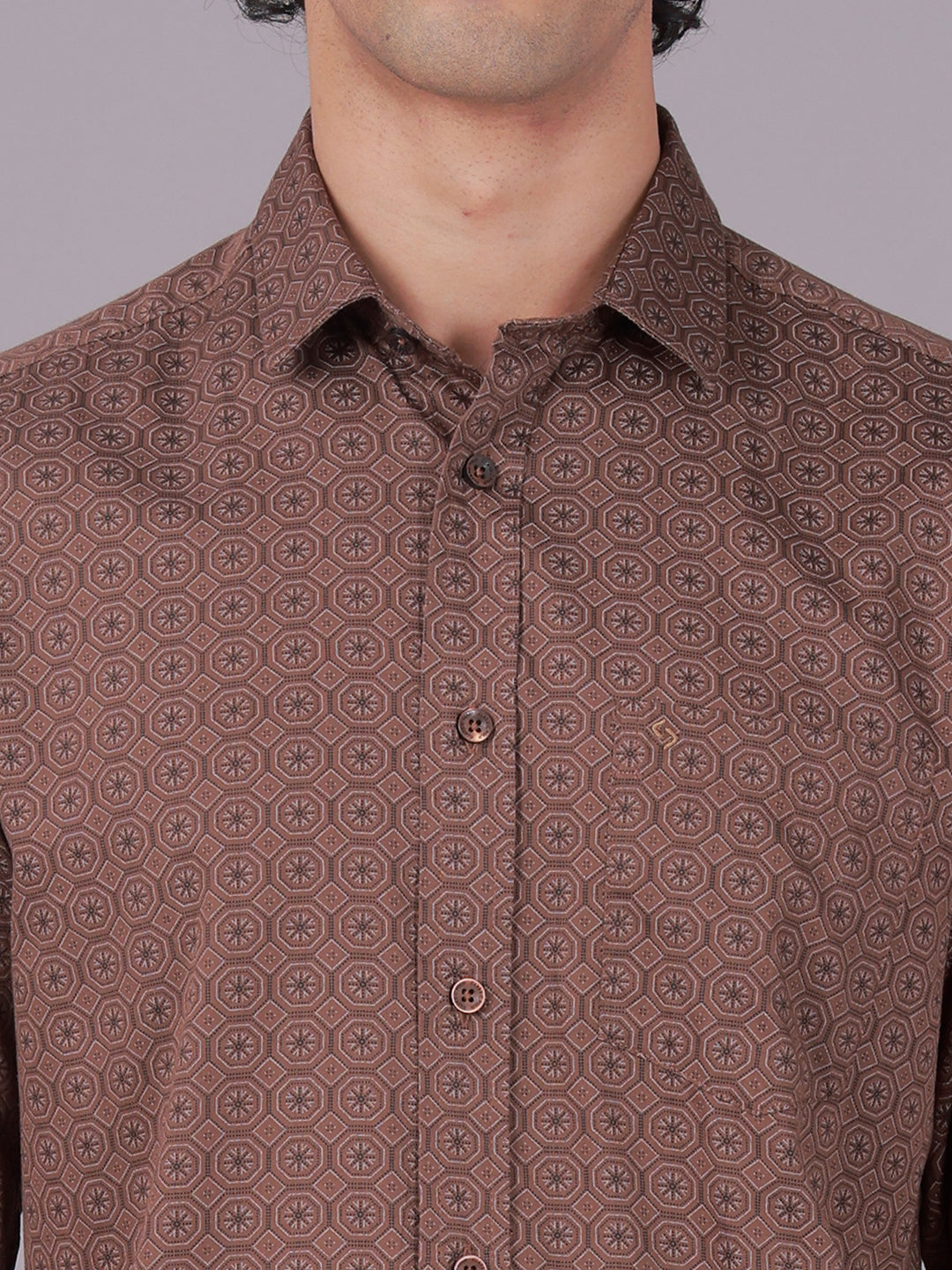 Classic Polo Men's Full Sleeve Brown Polo Neck Slim Fit All-Over Print Cotton Casual Shirt | LSHR1-EL-11 B-FS-PRT-SF