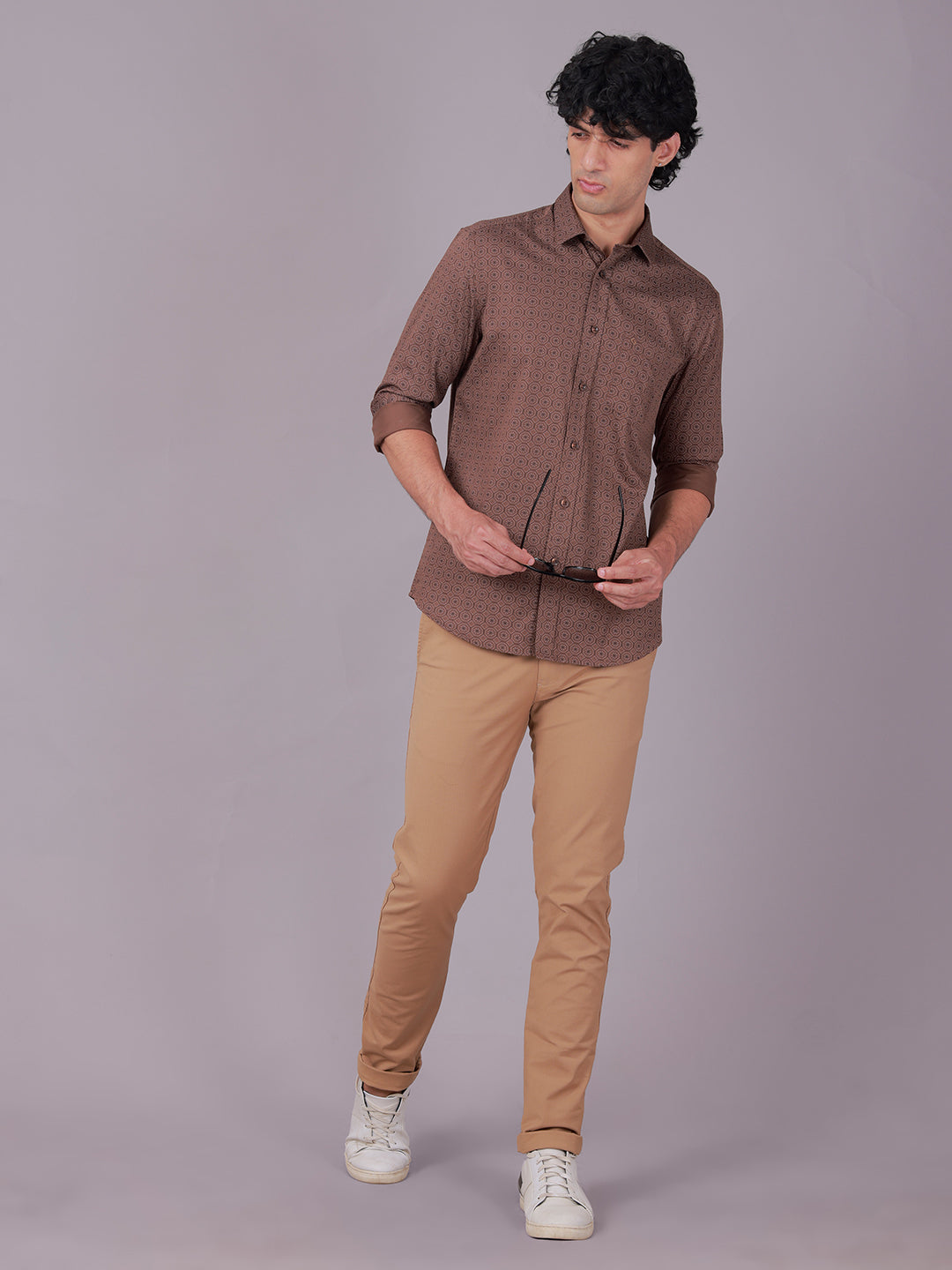 Classic Polo Men's Full Sleeve Brown Polo Neck Slim Fit All-Over Print Cotton Casual Shirt | LSHR1-EL-11 B-FS-PRT-SF