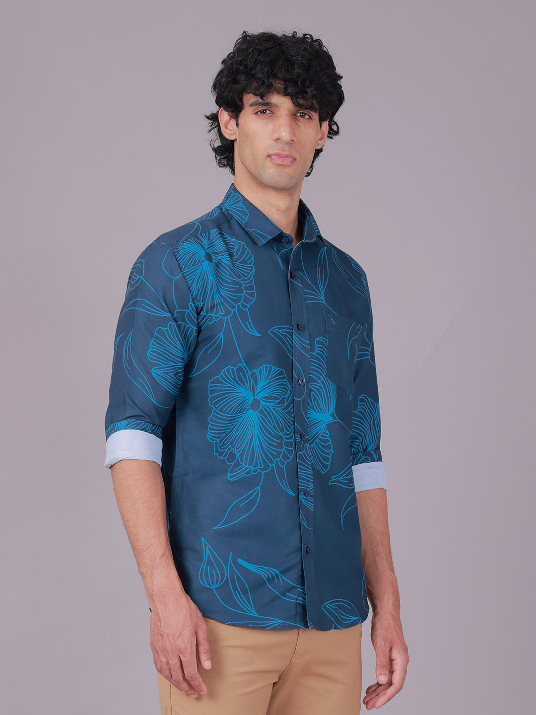 Classic Polo Men's Full Sleeve Teal Blue Polo Neck Slim Fit All-Over Print Cotton Casual Shirt | LSHR1-GN-07 B-FS-PRT-SF