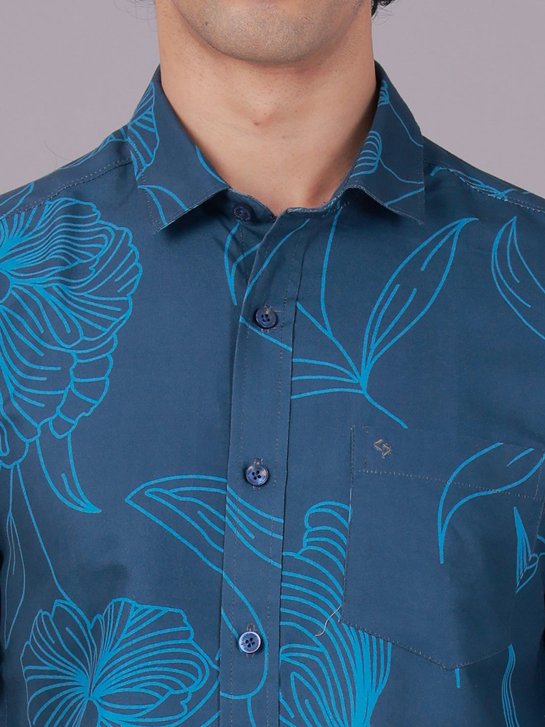 Classic Polo Men's Full Sleeve Teal Blue Polo Neck Slim Fit All-Over Print Cotton Casual Shirt | LSHR1-GN-07 B-FS-PRT-SF