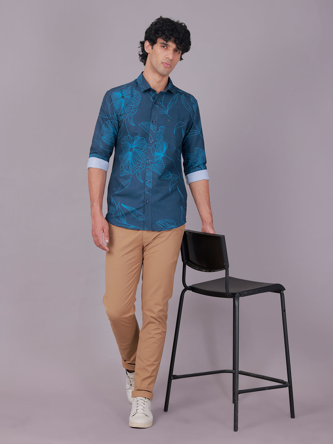 Classic Polo Men's Full Sleeve Teal Blue Polo Neck Slim Fit All-Over Print Cotton Casual Shirt | LSHR1-GN-07 B-FS-PRT-SF
