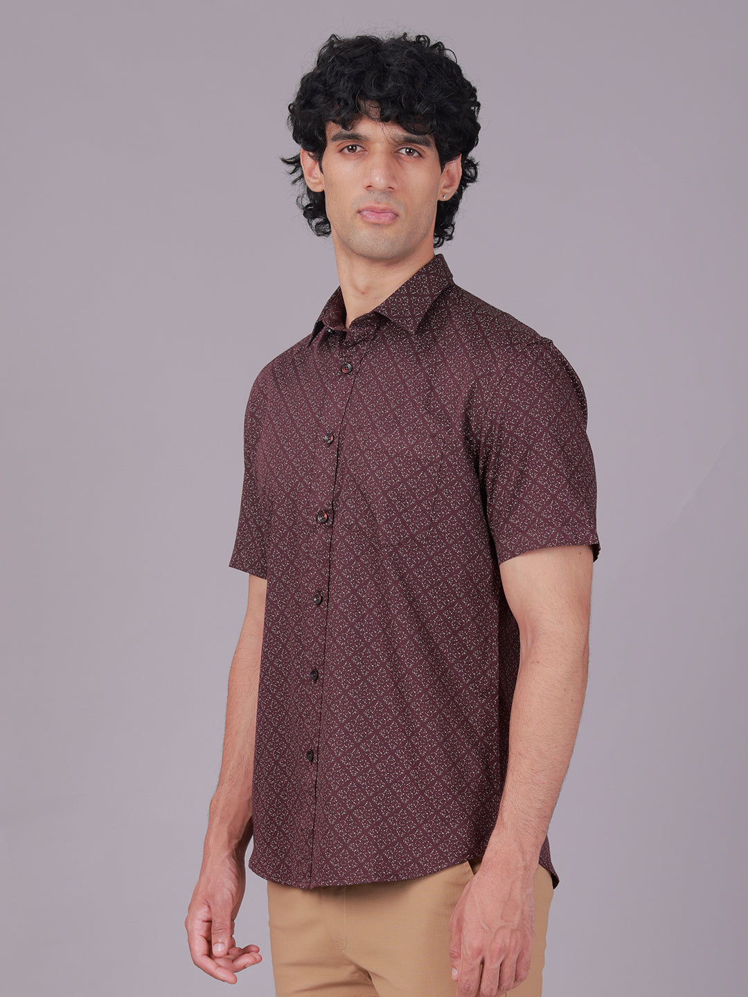 Classic Polo Men's Half Sleeve Burgundy Polo Neck Slim Fit All-Over Print Cotton Casual Shirt | SR1-EL-10 B-HS-PRT-SF