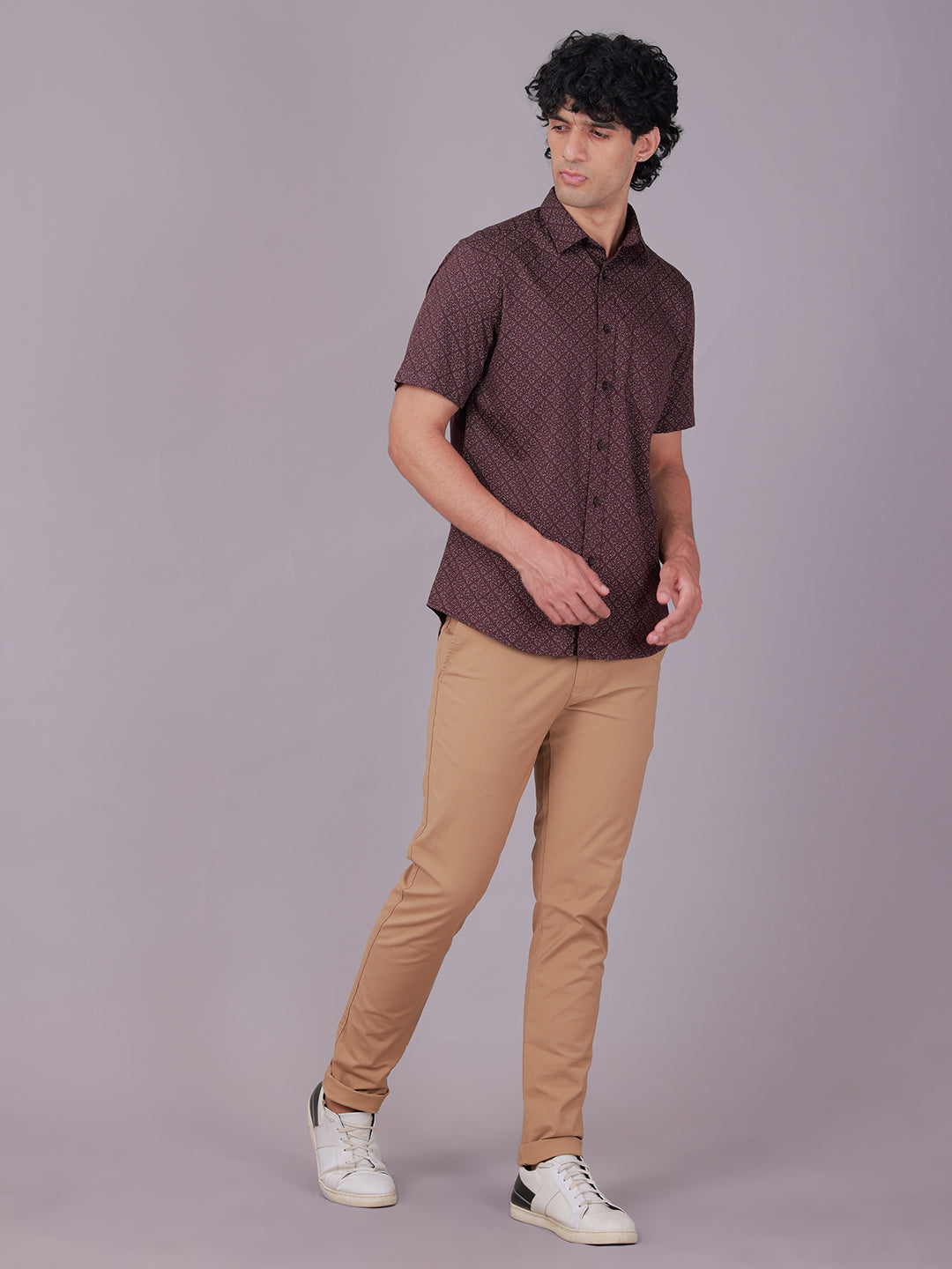 Classic Polo Men's Half Sleeve Burgundy Polo Neck Slim Fit All-Over Print Cotton Casual Shirt | SR1-EL-10 B-HS-PRT-SF