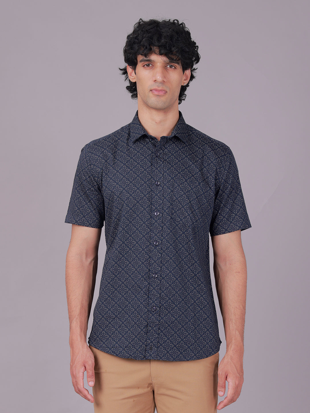 Classic Polo Men's Half Sleeve Navy Blue Polo Neck Slim Fit All-Over Print Cotton Casual Shirt | SR1-EL-10 A-HS-PRT-SF