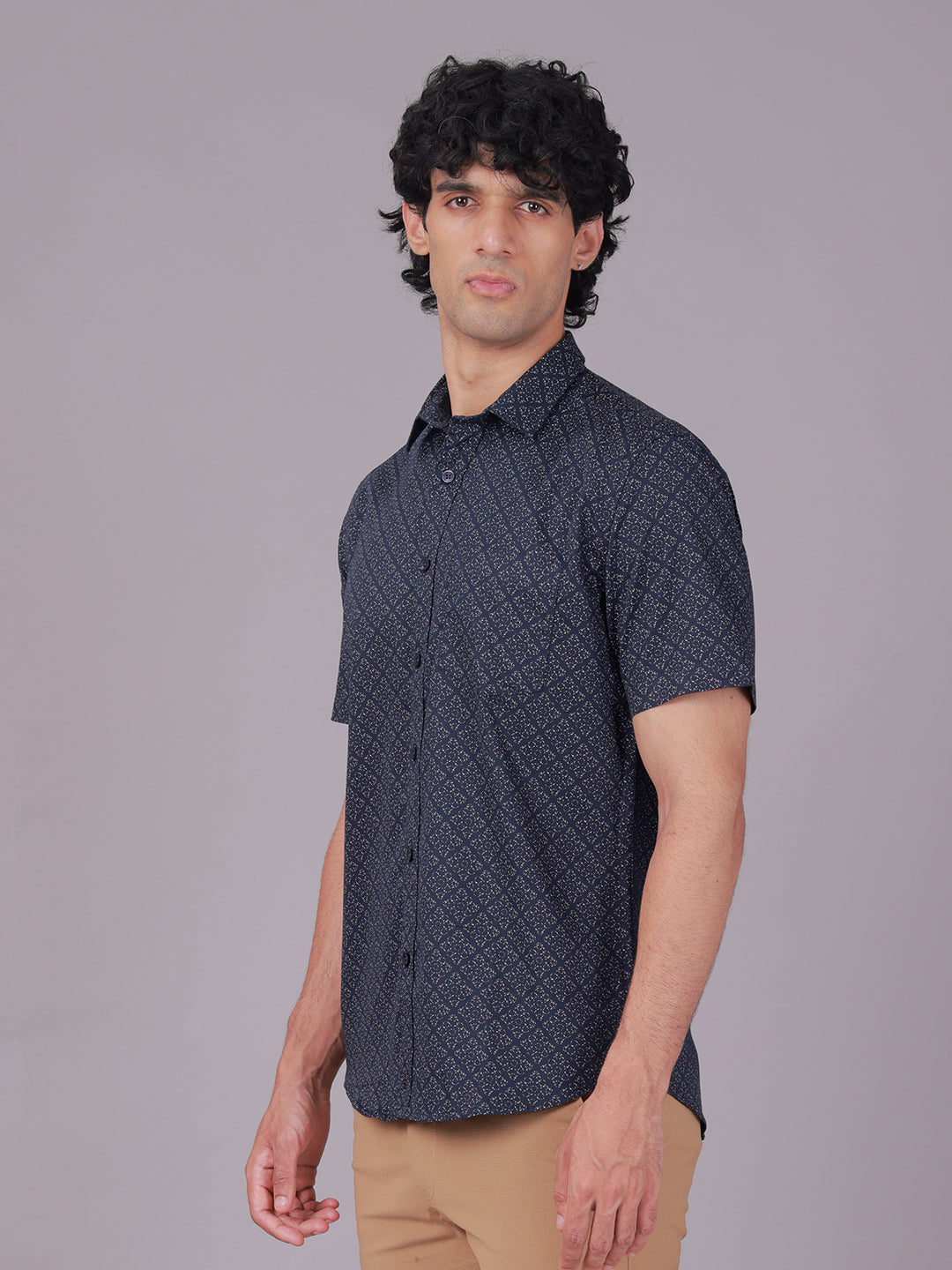 Classic Polo Men's Half Sleeve Navy Blue Polo Neck Slim Fit All-Over Print Cotton Casual Shirt | SR1-EL-10 A-HS-PRT-SF